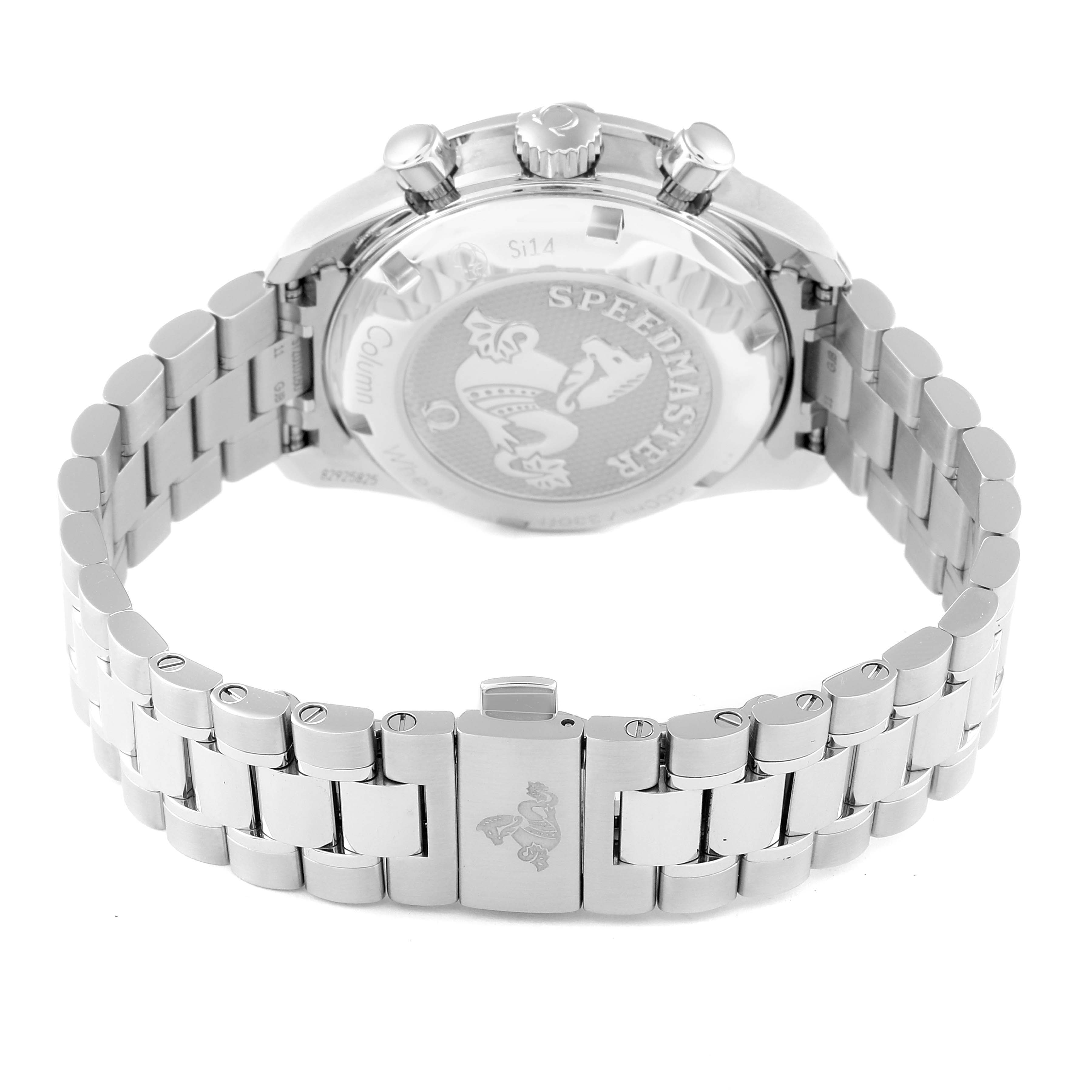 This image shows the Omega Speedmaster 324.30.38.50.01.001 Men
s Stainless Steel Black Dial 324.30.38.50.01.001 Men
s Stainless Steel Black Dial watch from the back, highlighting the clasp, bracelet, and caseback.