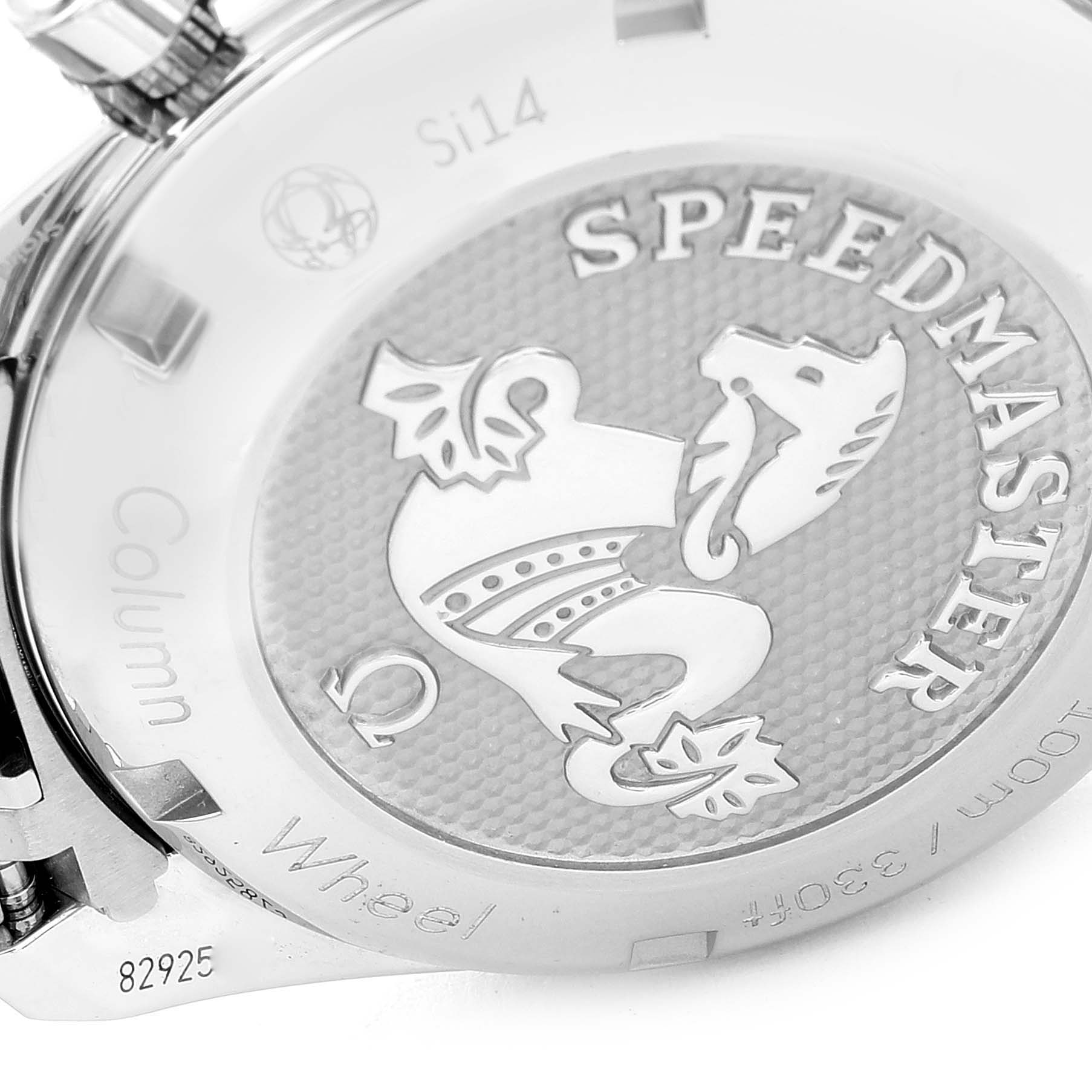 Close-up of the Omega Speedmaster 324.30.38.50.01.001 Men
s Stainless Steel Black Dial 324.30.38.50.01.001 Men
s Stainless Steel Black Dial watch
s engraved case back and side push buttons.