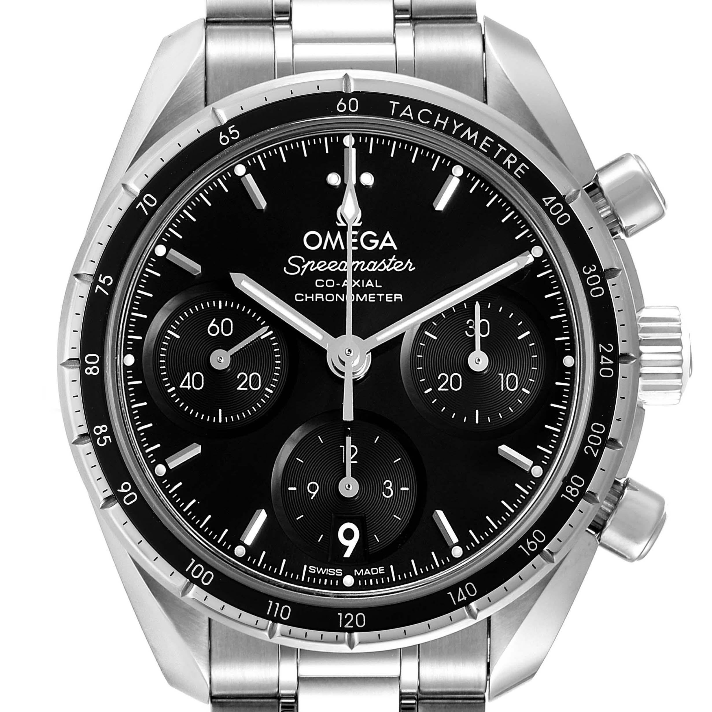 The image shows a front view of the Omega Speedmaster 324.30.38.50.01.001 Men
s Stainless Steel Black Dial 324.30.38.50.01.001 Men
s Stainless Steel Black Dial watch, highlighting its black dial, subdials, and tachymeter bezel.