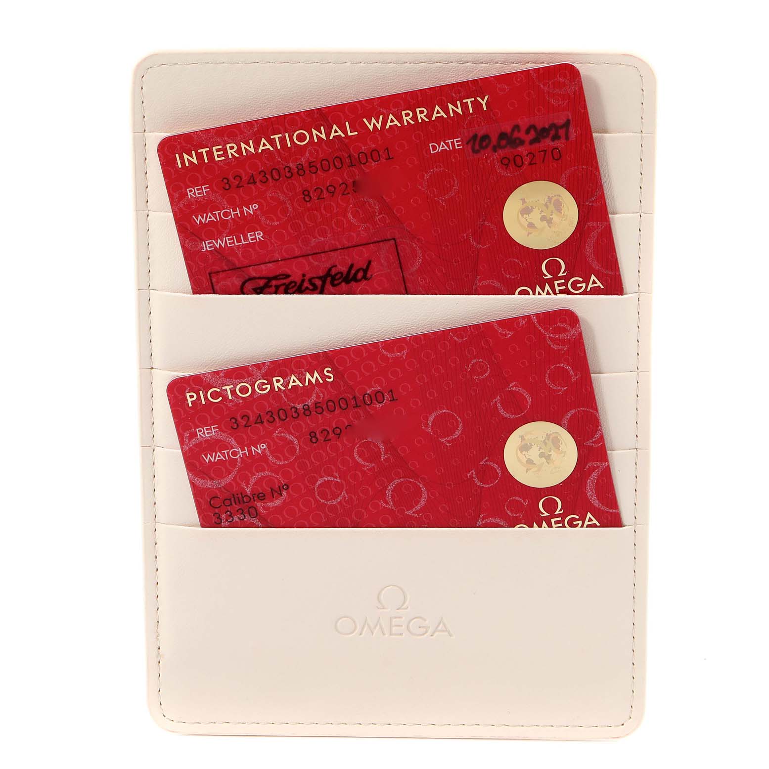 The image shows two Omega Speedmaster 324.30.38.50.01.001 Men
s Stainless Steel Black Dial 324.30.38.50.01.001 Men
s Stainless Steel Black Dial warranty cards in a holder viewed from the front.