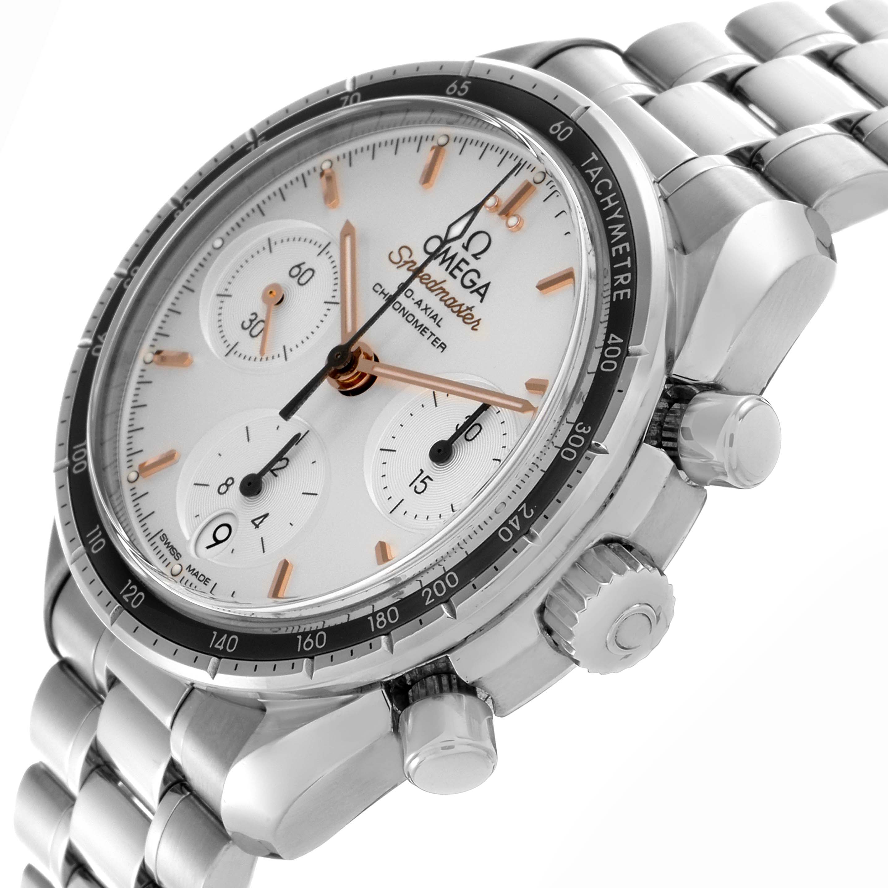 The Omega Speedmaster 324.30.38.50.02.001 Men
s Stainless Steel Silver Dial 324.30.38.50.02.001 Men
s Stainless Steel Silver Dial watch is shown at a slight angle, highlighting its bezel, dial, subdials, pushers, and crown.