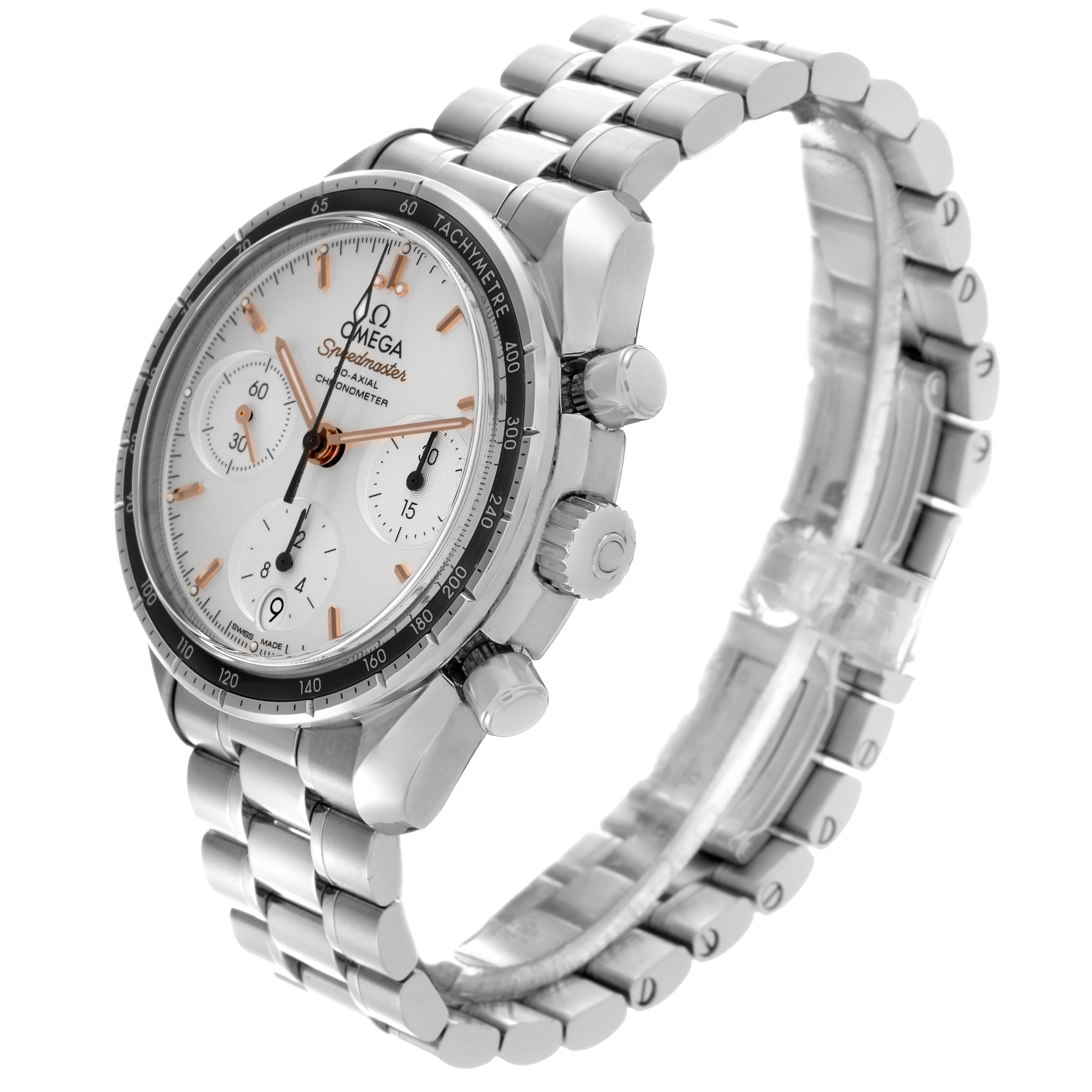 The Omega Speedmaster 324.30.38.50.02.001 Men
s Stainless Steel Silver Dial 324.30.38.50.02.001 Men
s Stainless Steel Silver Dial watch is shown at a slight angle, displaying its face, bezel, pushers, and metal bracelet.