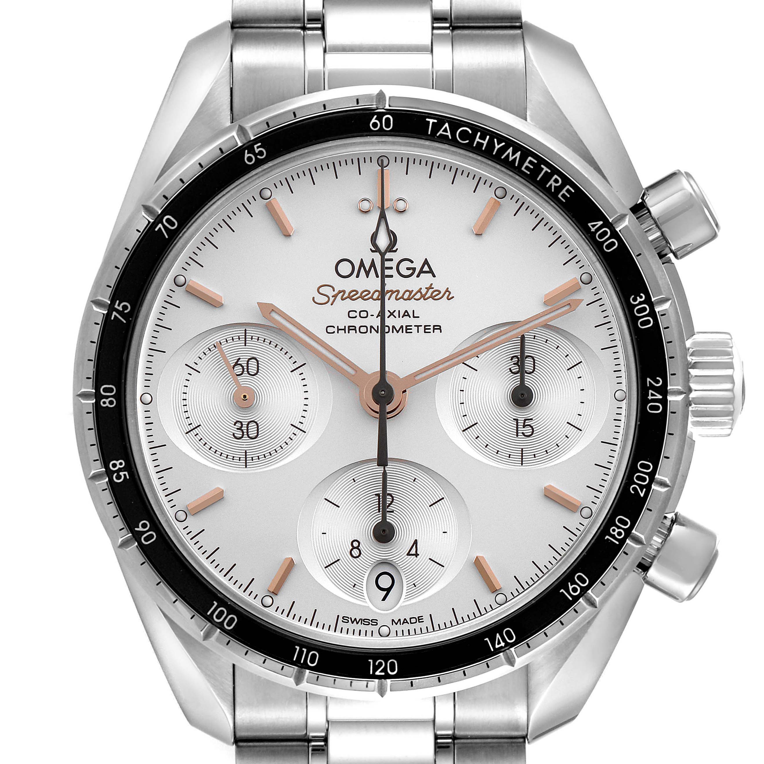 The image shows a front view of an Omega Speedmaster 324.30.38.50.02.001 Men
s Stainless Steel Silver Dial 324.30.38.50.02.001 Men
s Stainless Steel Silver Dial watch, highlighting the dial, bezel, and chronograph subdials.
