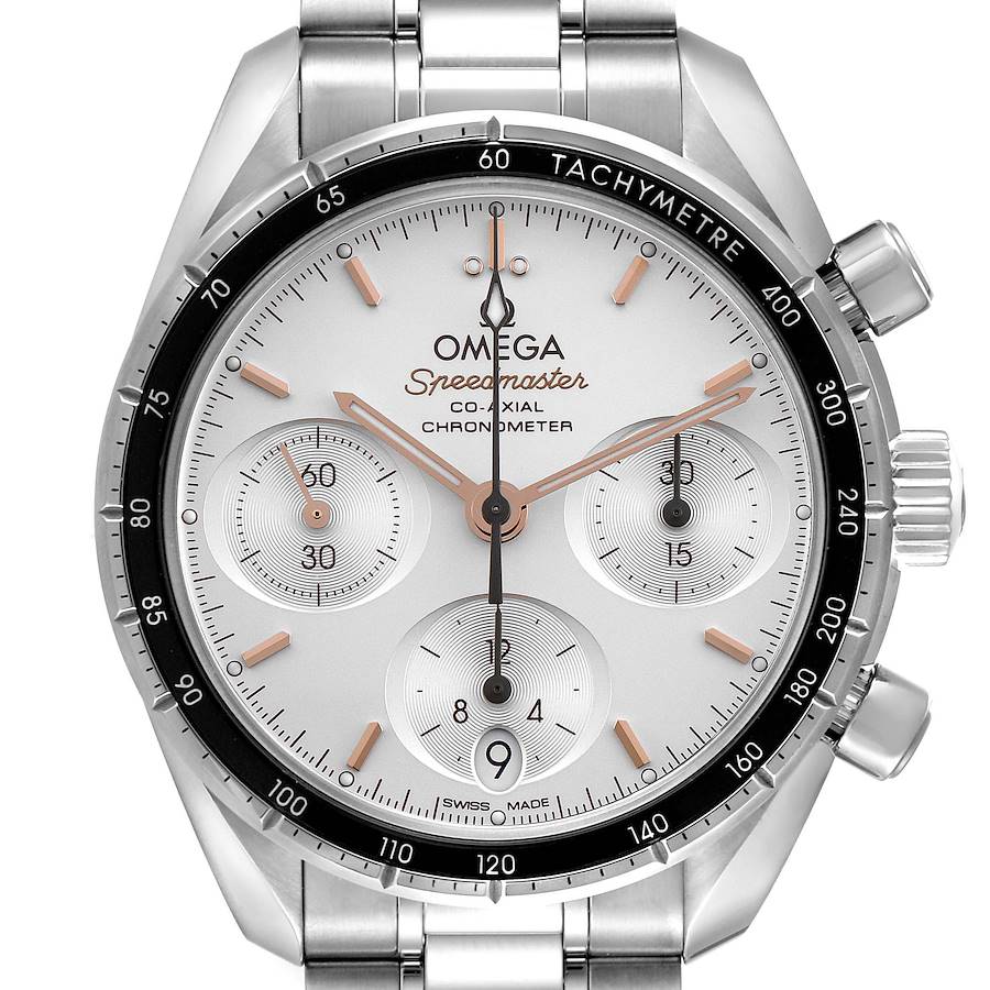 The image shows a front view of an Omega Speedmaster watch, highlighting the dial, bezel, and chronograph subdials.