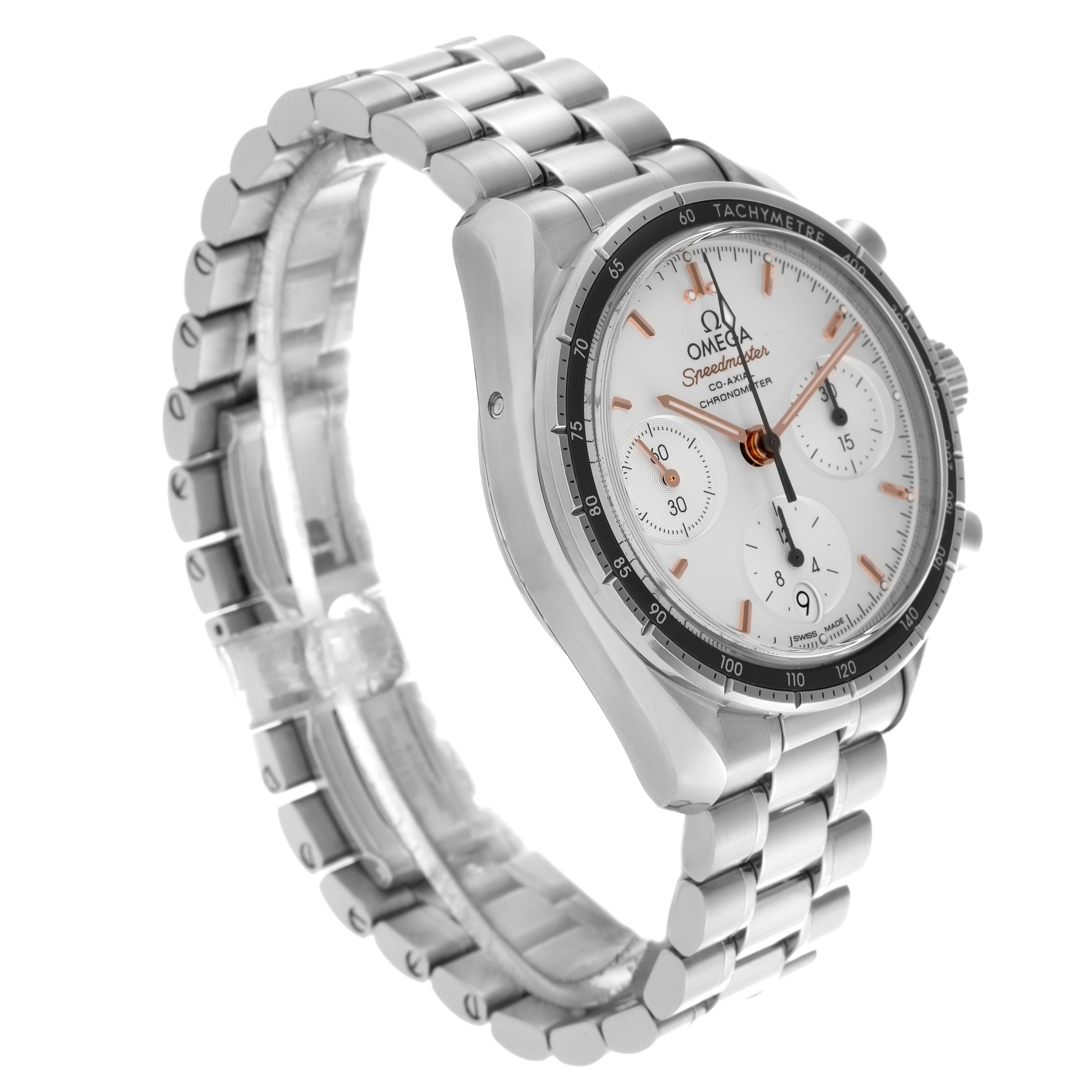 The Omega Speedmaster 324.30.38.50.02.001 Men
s Stainless Steel Silver Dial 324.30.38.50.02.001 Men
s Stainless Steel Silver Dial watch is shown at an angled side view, displaying the face, tachymeter bezel, and metal bracelet.