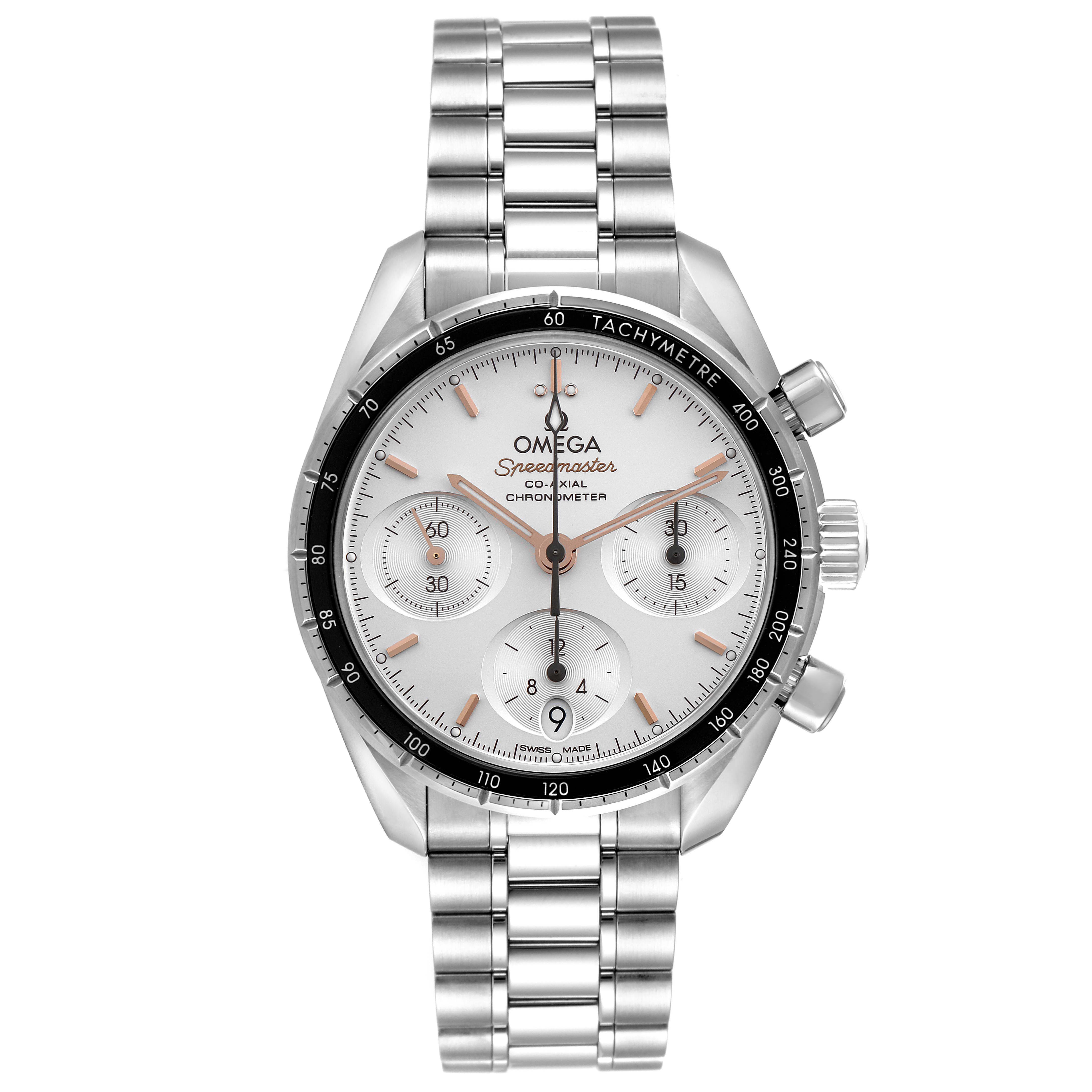 The Omega Speedmaster 324.30.38.50.02.001 Men
s Stainless Steel Silver Dial 324.30.38.50.02.001 Men
s Stainless Steel Silver Dial watch is shown from the front, highlighting the dial, bezel, and bracelet.