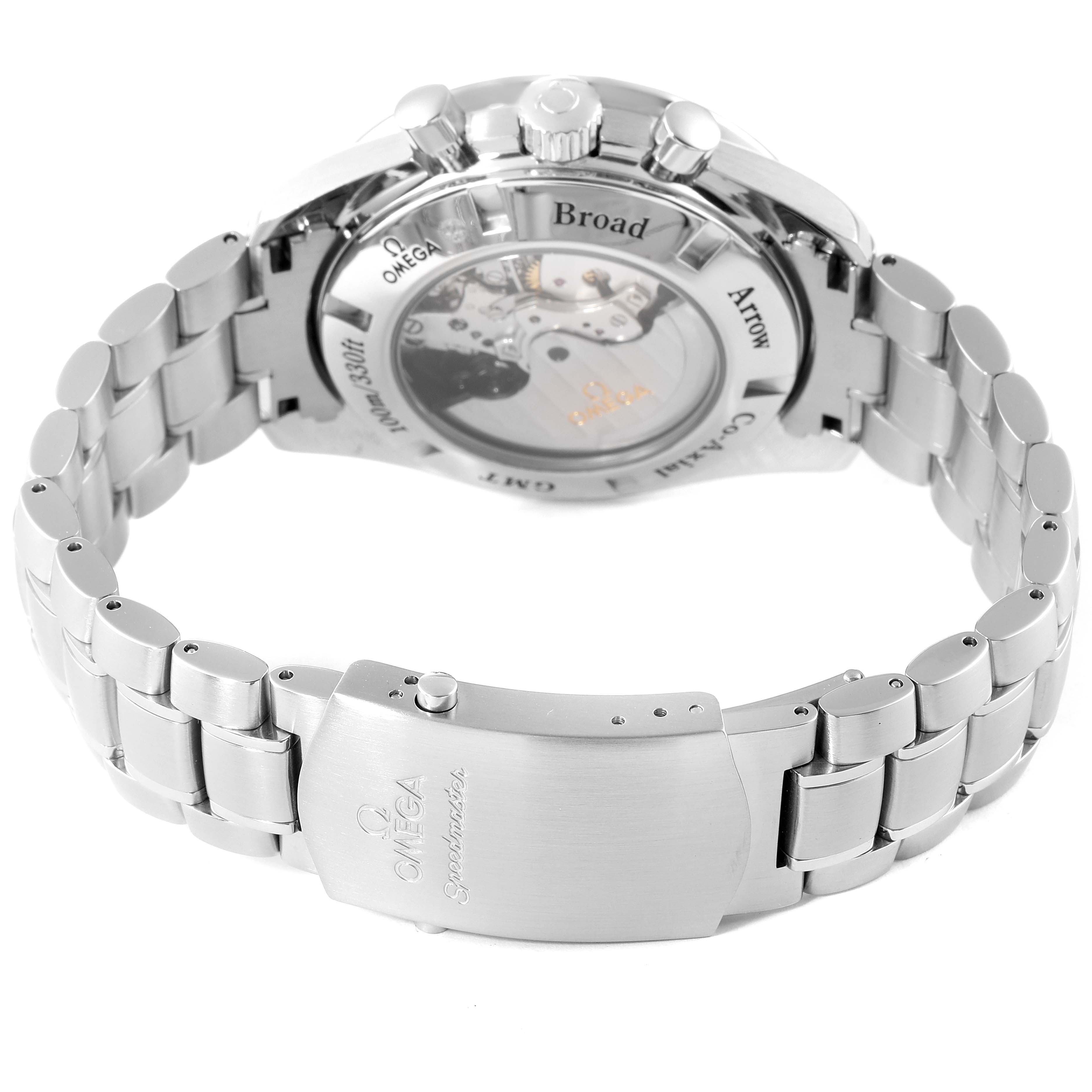 This Omega Speedmaster 3581.30.00 Men's Stainless Steel Black Dial 3581.30.00 Men's Stainless Steel Black Dial watch is shown from the back, highlighting its clasp, bracelet, and transparent case back.