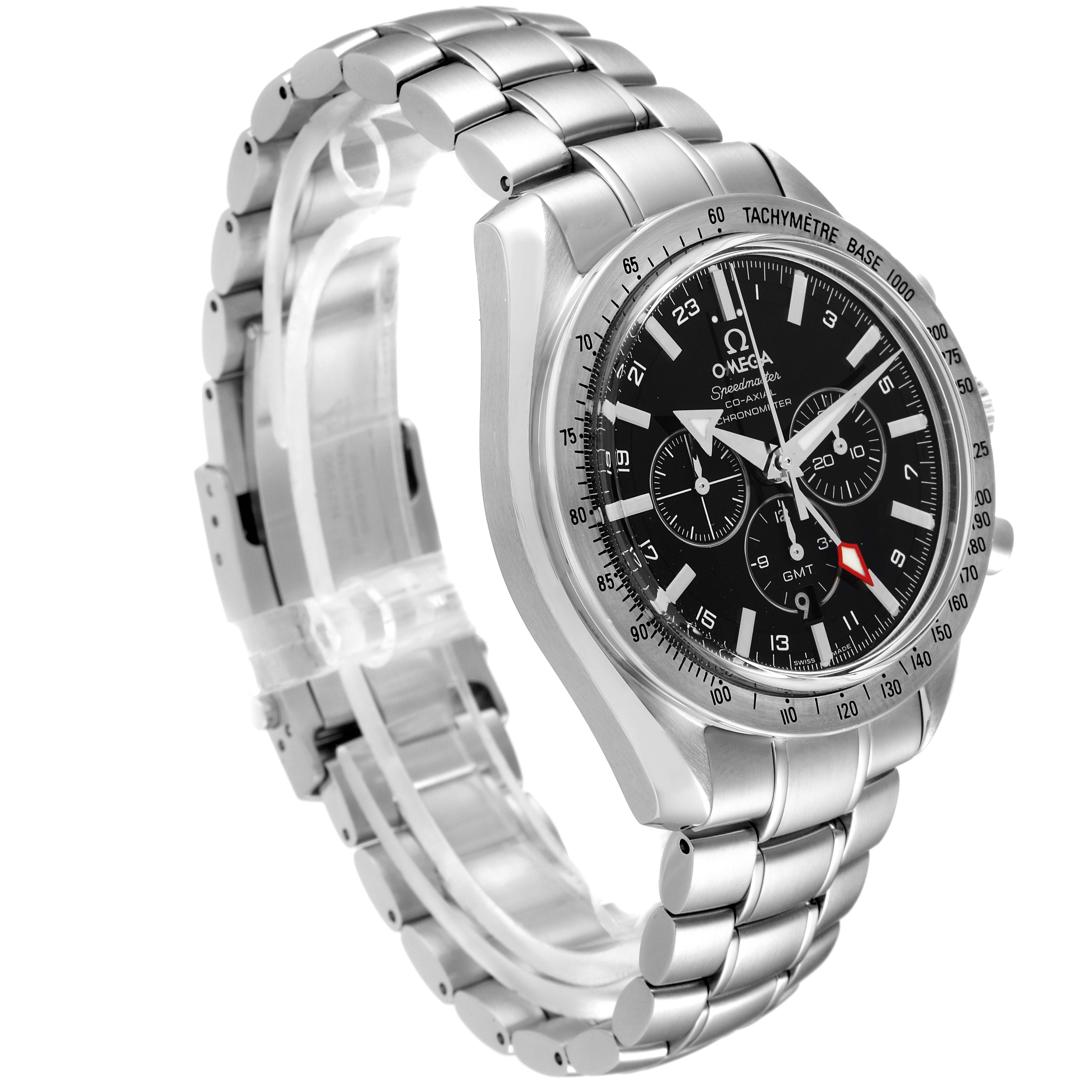 The image shows an Omega Speedmaster 3581.30.00 Men's Stainless Steel Black Dial 3581.30.00 Men's Stainless Steel Black Dial watch at a slight angle, highlighting its black dial, tachymeter bezel, and stainless steel bracelet.