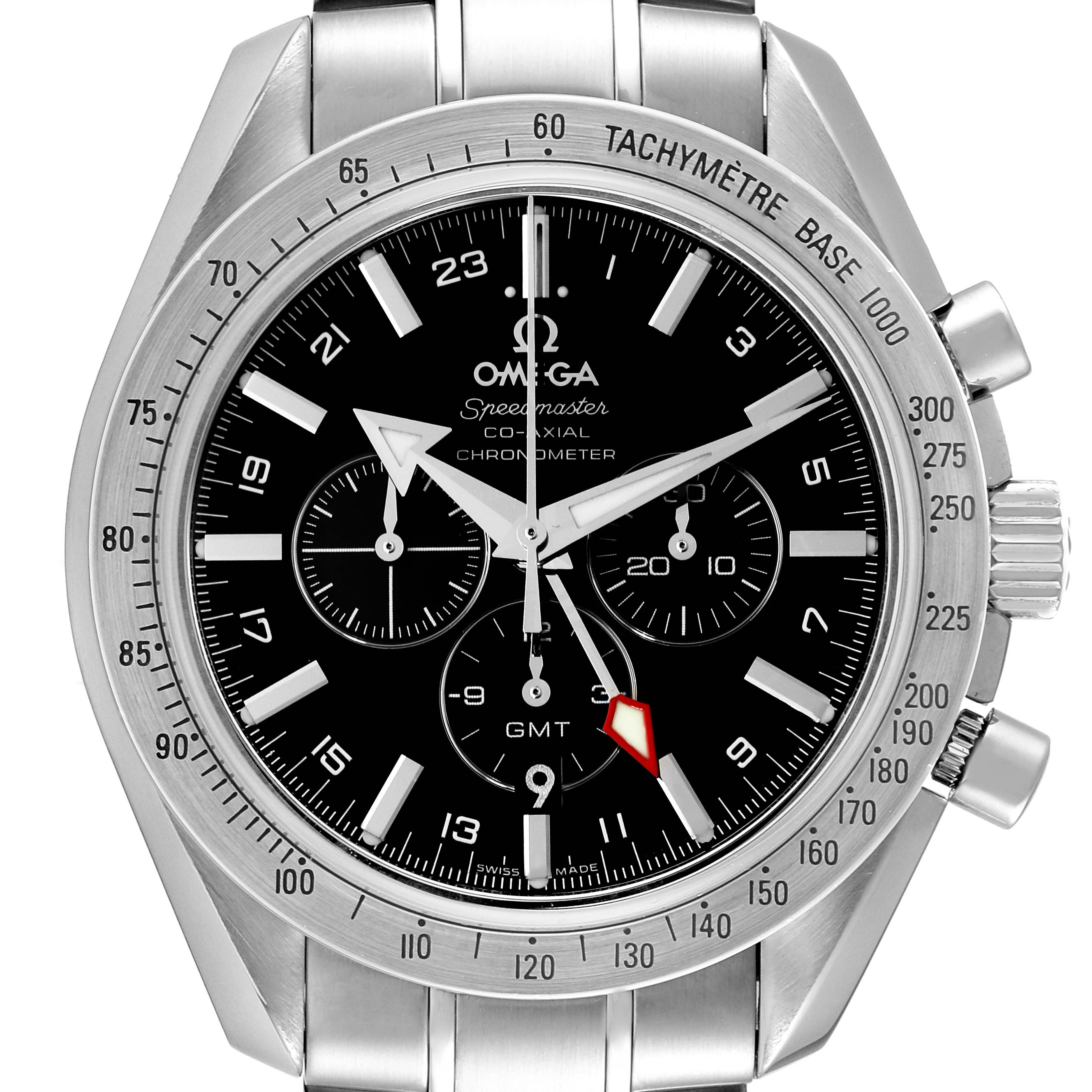 The image shows a front view of the Omega Speedmaster 3581.30.00 Men's Stainless Steel Black Dial 3581.30.00 Men's Stainless Steel Black Dial watch, displaying the dial, bezel, pushers, crown, and part of the bracelet.