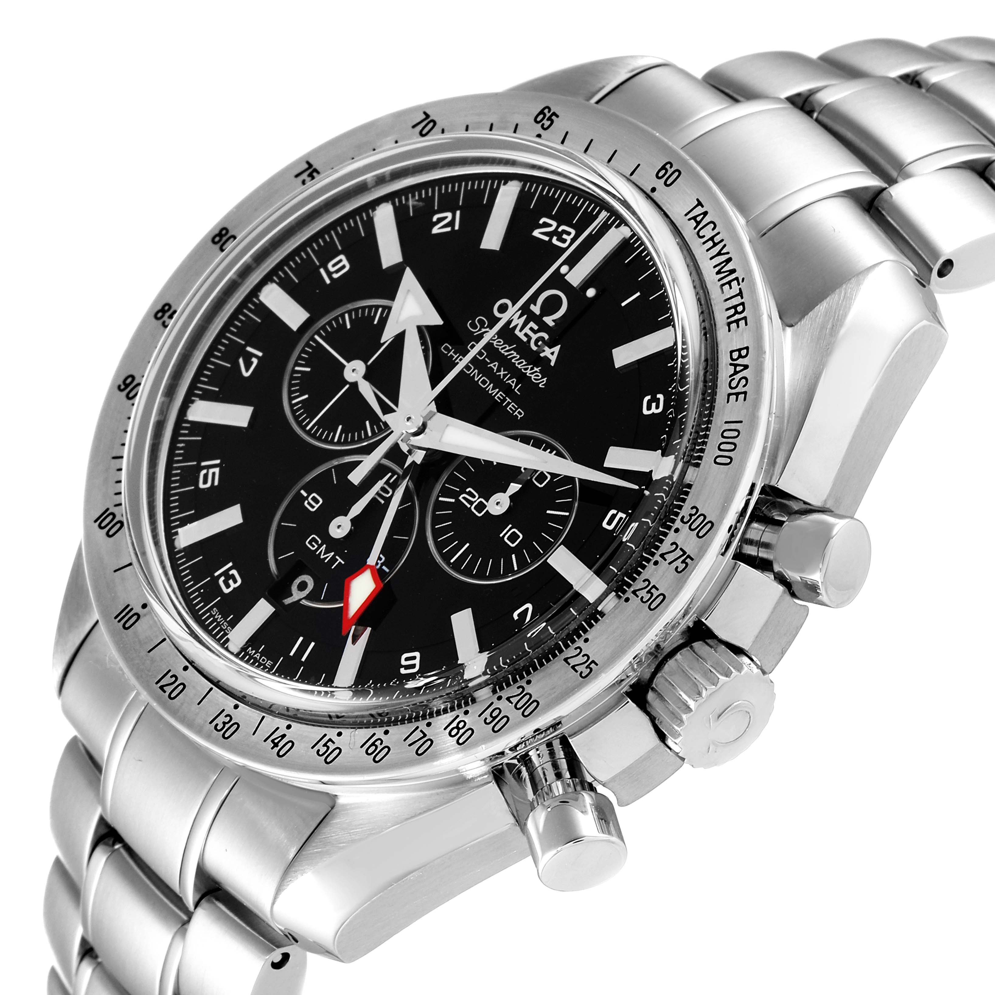 The image shows a close-up and side angle of an Omega Speedmaster 3581.30.00 Men's Stainless Steel Black Dial 3581.30.00 Men's Stainless Steel Black Dial watch, highlighting the dial, bezel, pushers, and part of the bracelet.