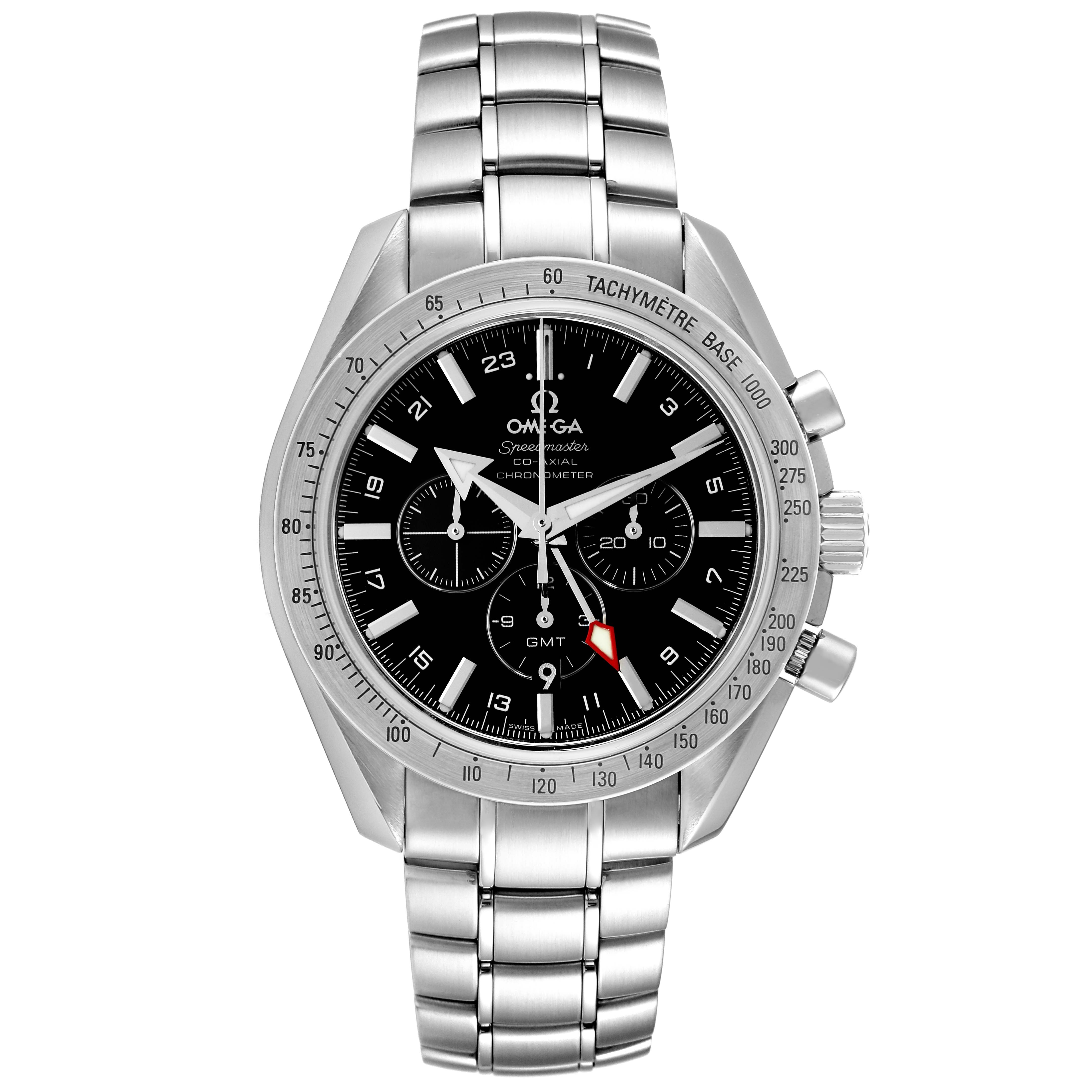 The image shows a front view of the Omega Speedmaster 3581.30.00 Men's Stainless Steel Black Dial 3581.30.00 Men's Stainless Steel Black Dial watch with a stainless steel bracelet.