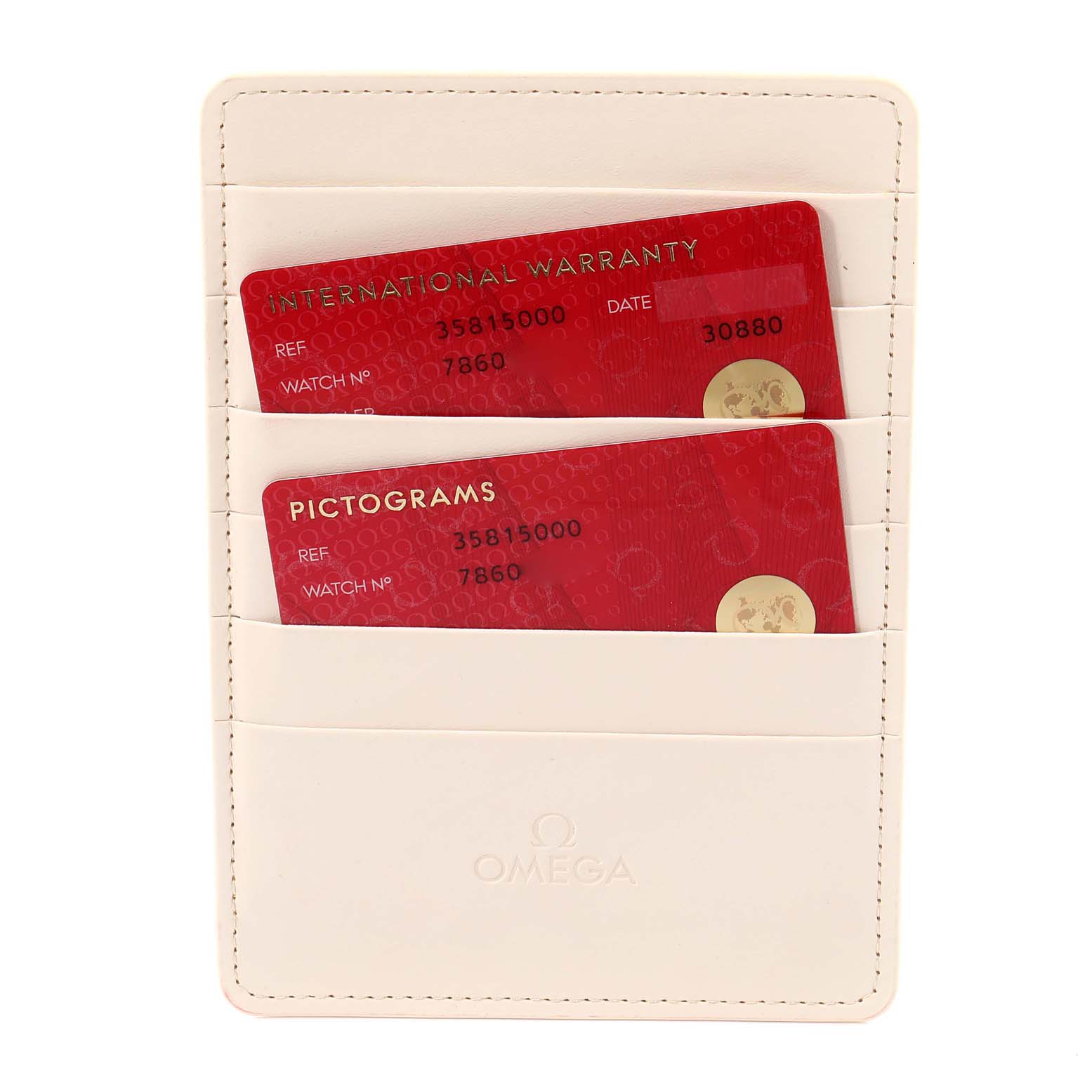 The image shows two red cards, an "International Warranty" and "Pictograms" card for the Omega Speedmaster 3581.30.00 Men's Stainless Steel Black Dial 3581.30.00 Men's Stainless Steel Black Dial, in a cream-colored holder.