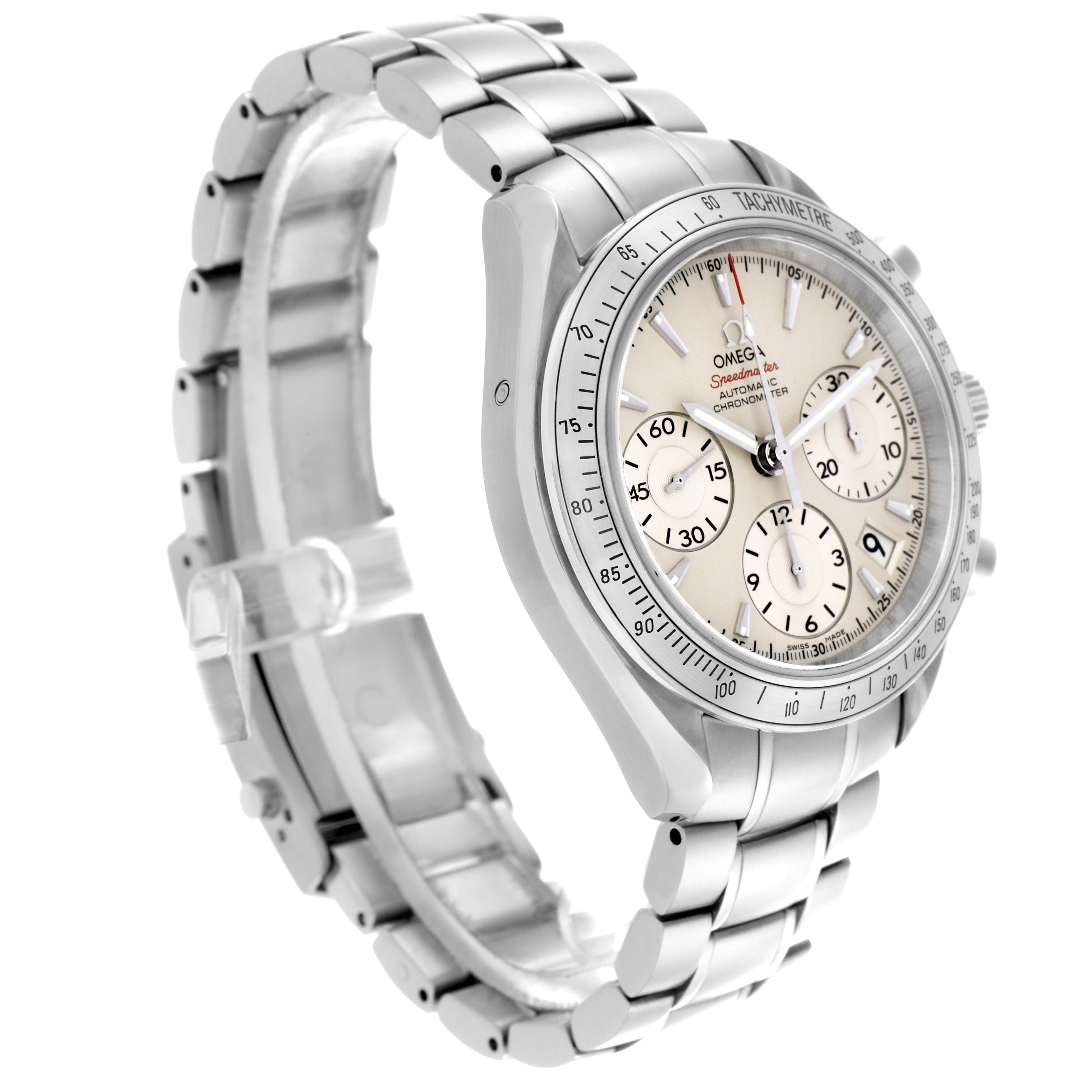 The Omega Speedmaster 323.10.40.40.02.001 Men
s Stainless Steel Silver Dial 323.10.40.40.02.001 Men
s Stainless Steel Silver Dial watch is shown at a three-quarter angle, highlighting the dial, bezel, and stainless steel bracelet.