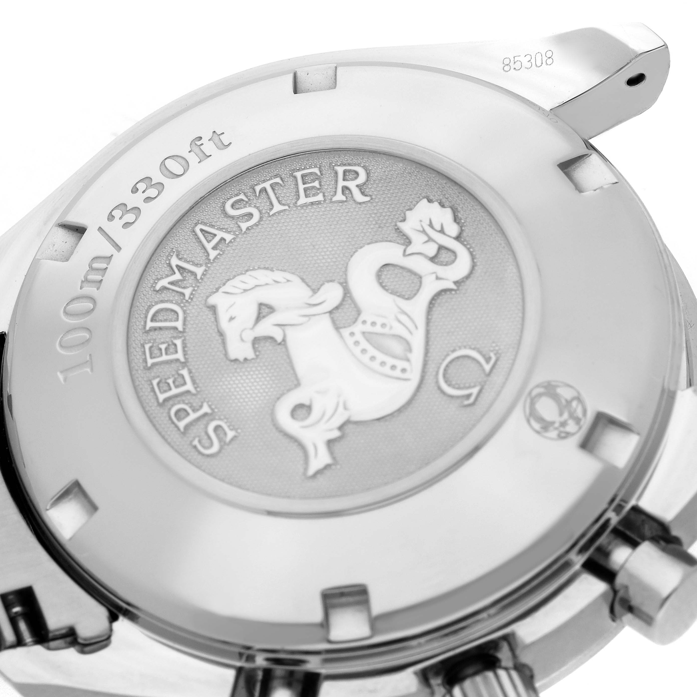 The image shows the back case of the Omega Speedmaster 323.10.40.40.02.001 Men
s Stainless Steel Silver Dial 323.10.40.40.02.001 Men
s Stainless Steel Silver Dial watch, highlighting the engraving and water resistance marking.