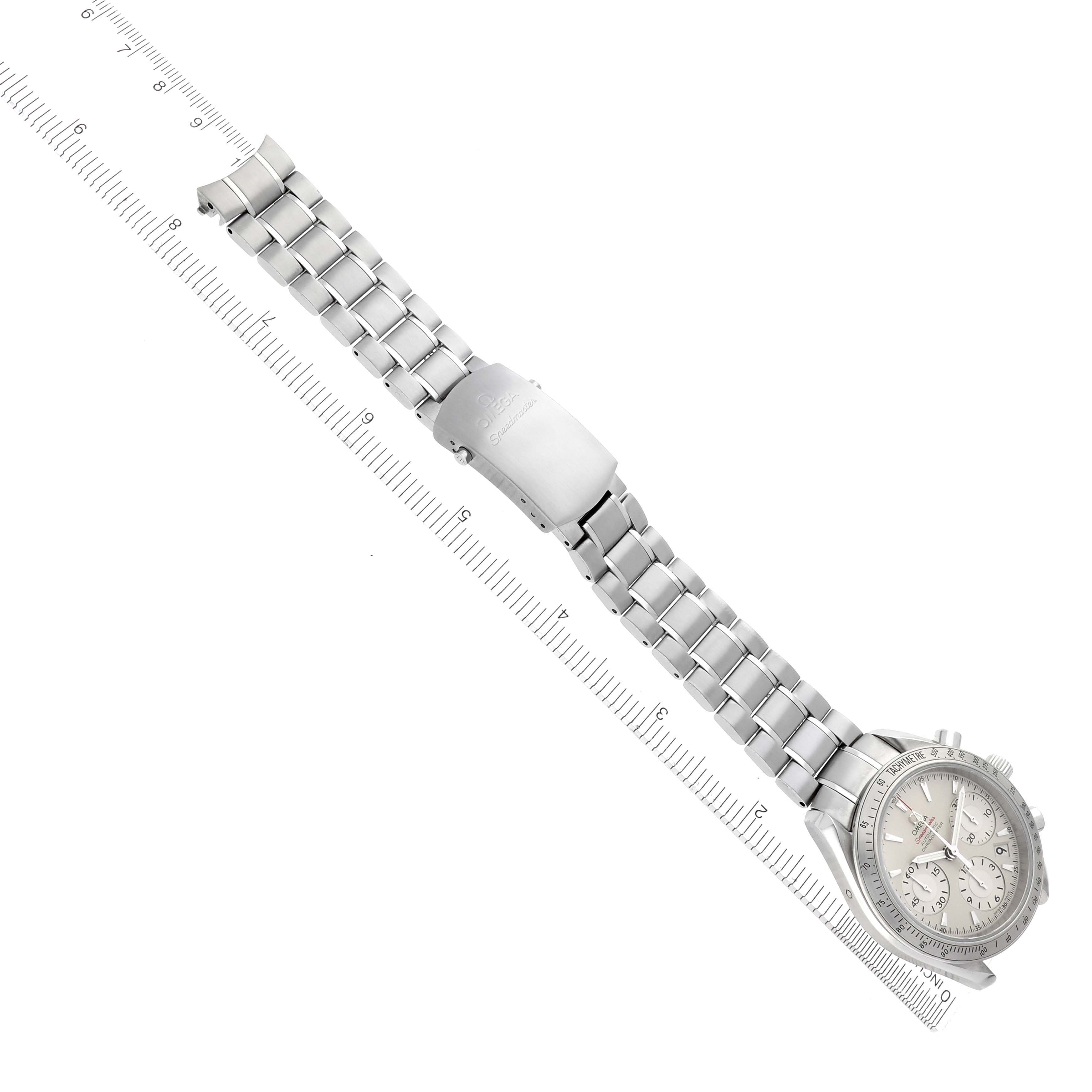 The Omega Speedmaster 323.10.40.40.02.001 Men
s Stainless Steel Silver Dial 323.10.40.40.02.001 Men
s Stainless Steel Silver Dial watch is shown at a diagonal angle, highlighting the bracelet and clasp.