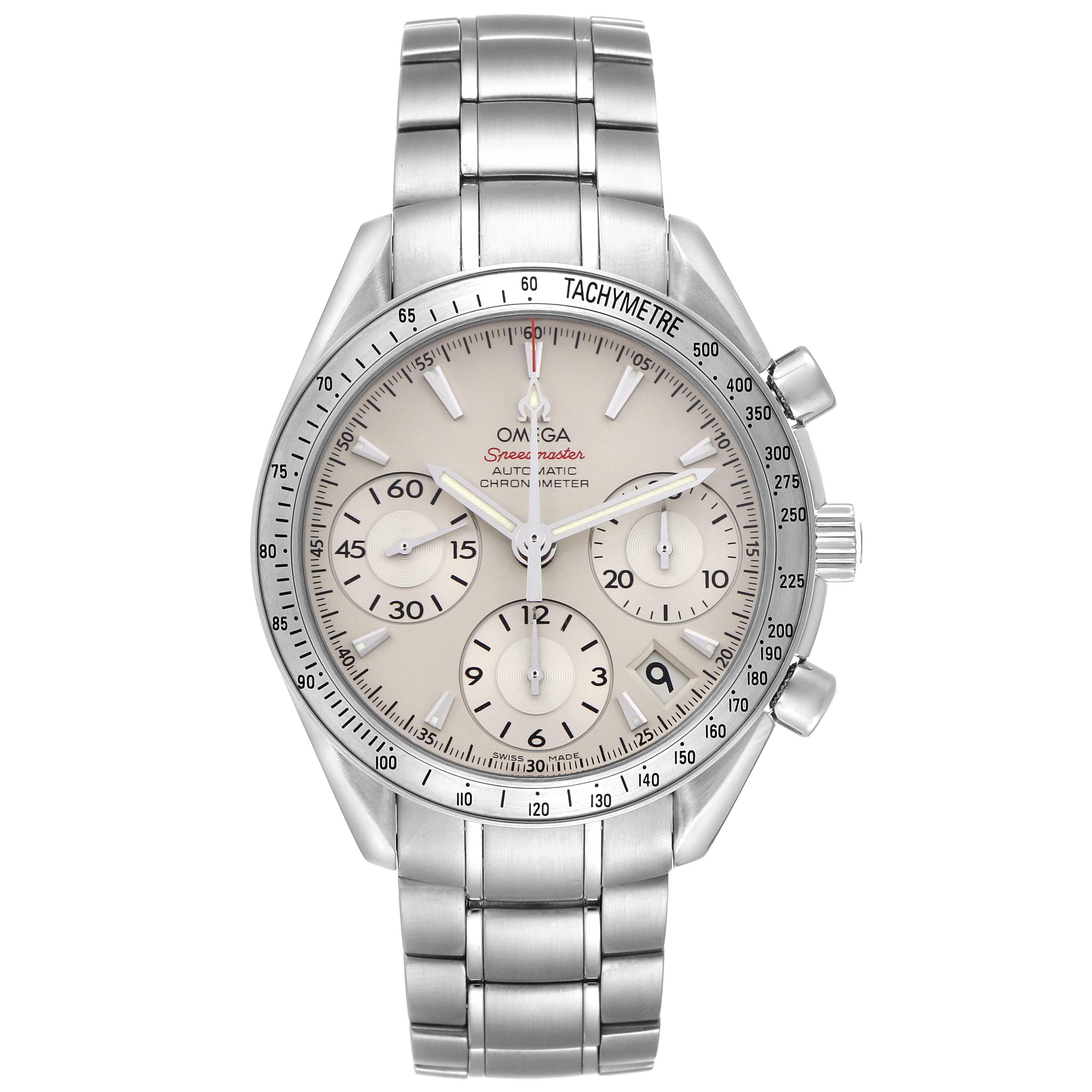 The Omega Speedmaster 323.10.40.40.02.001 Men
s Stainless Steel Silver Dial 323.10.40.40.02.001 Men
s Stainless Steel Silver Dial watch is shown from a front angle, displaying the dial, tachymeter bezel, subdials, and metal bracelet.