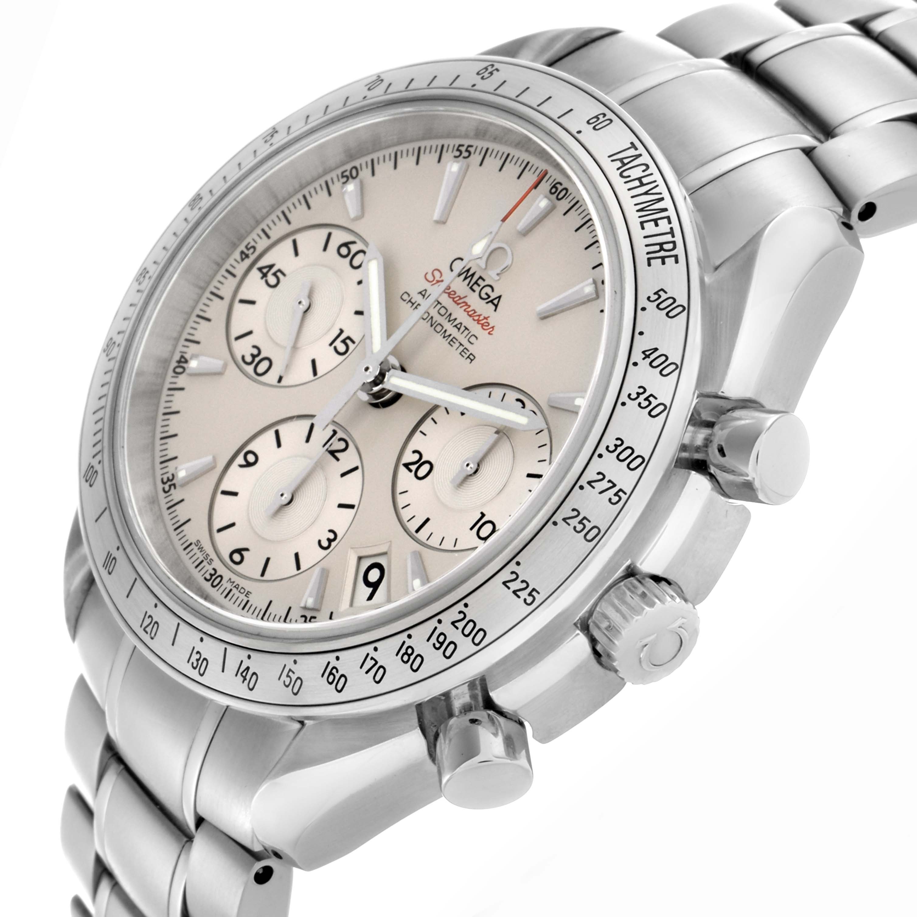 The Omega Speedmaster 323.10.40.40.02.001 Men
s Stainless Steel Silver Dial 323.10.40.40.02.001 Men
s Stainless Steel Silver Dial watch is shown at an angled close-up highlighting the dial, tachymeter bezel, and stainless steel bracelet.