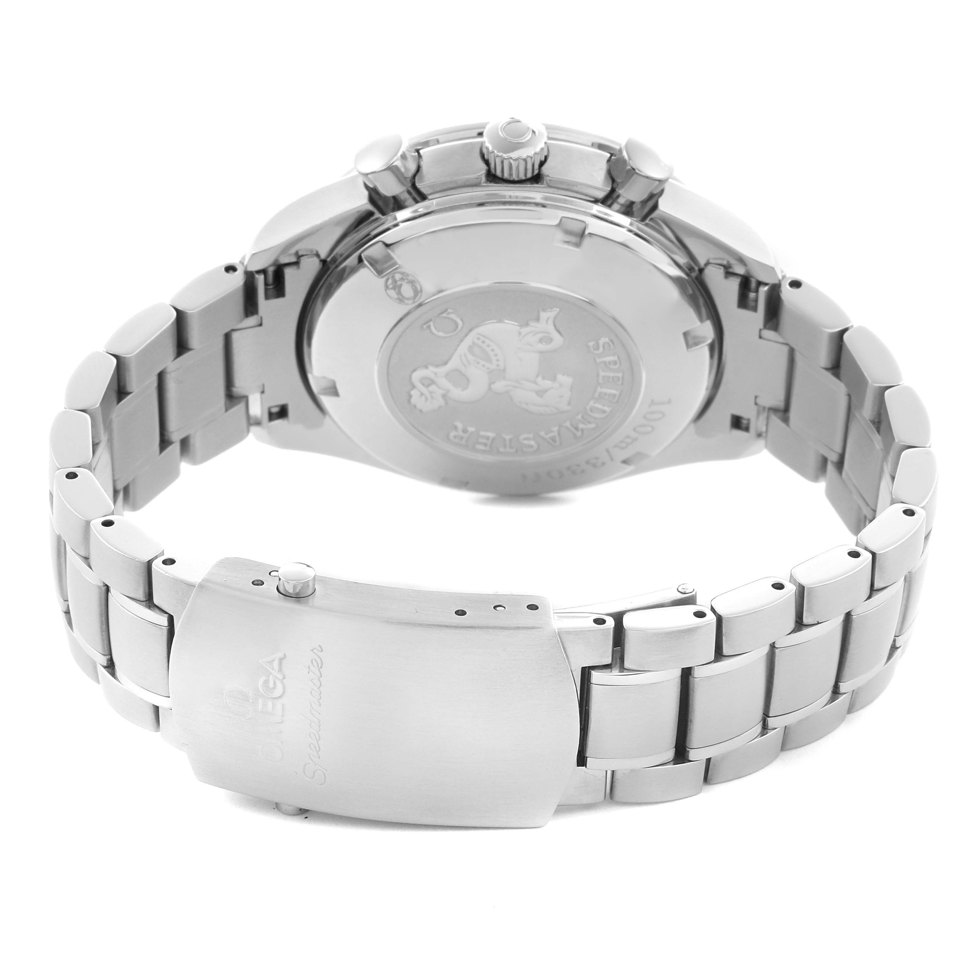 The image shows the back of the Omega Speedmaster 323.10.40.40.02.001 Men
s Stainless Steel Silver Dial 323.10.40.40.02.001 Men
s Stainless Steel Silver Dial, highlighting the case back and metal bracelet clasp.