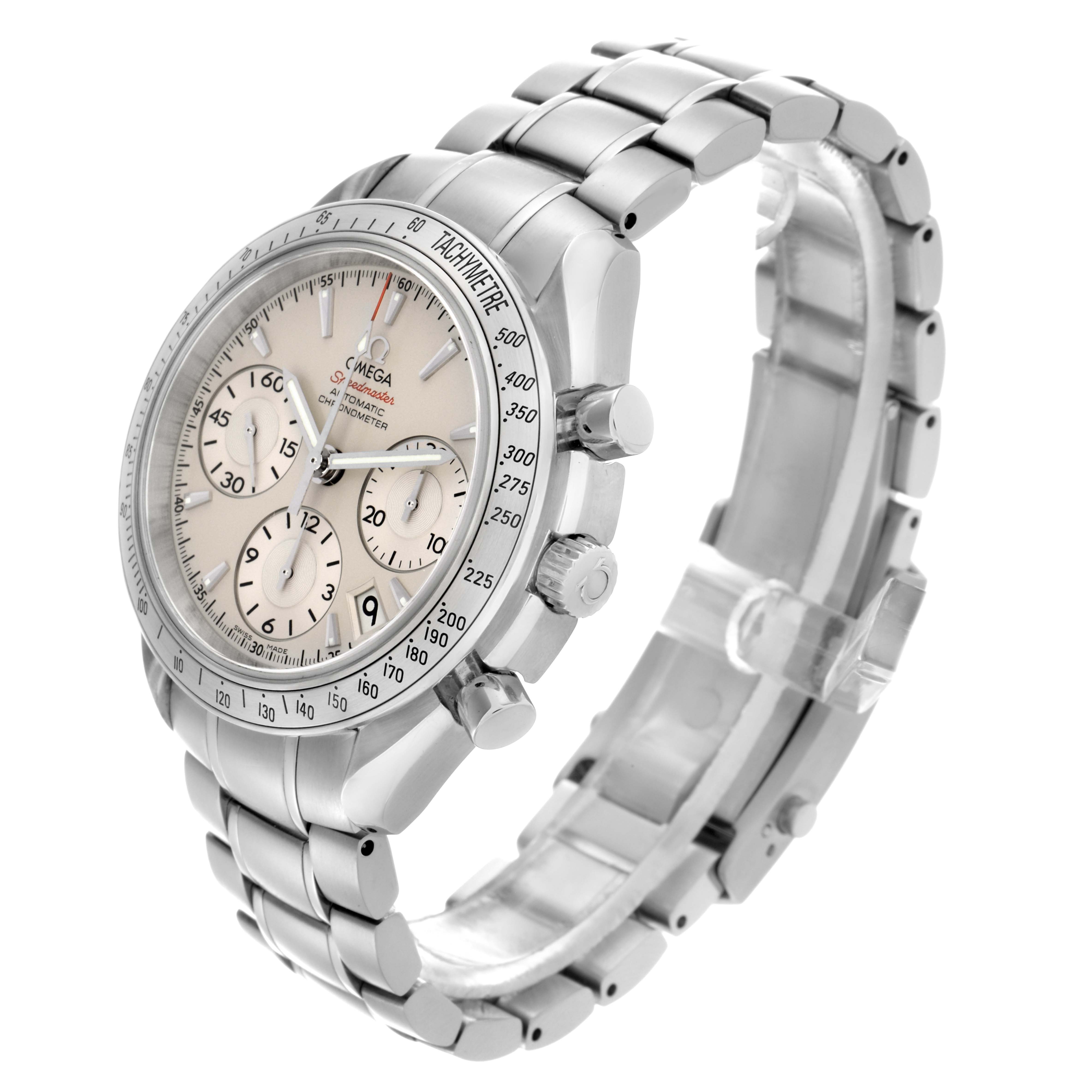 The Omega Speedmaster 323.10.40.40.02.001 Men
s Stainless Steel Silver Dial 323.10.40.40.02.001 Men
s Stainless Steel Silver Dial watch is shown at a three-quarter angle, highlighting the face, bezel, and stainless steel bracelet.