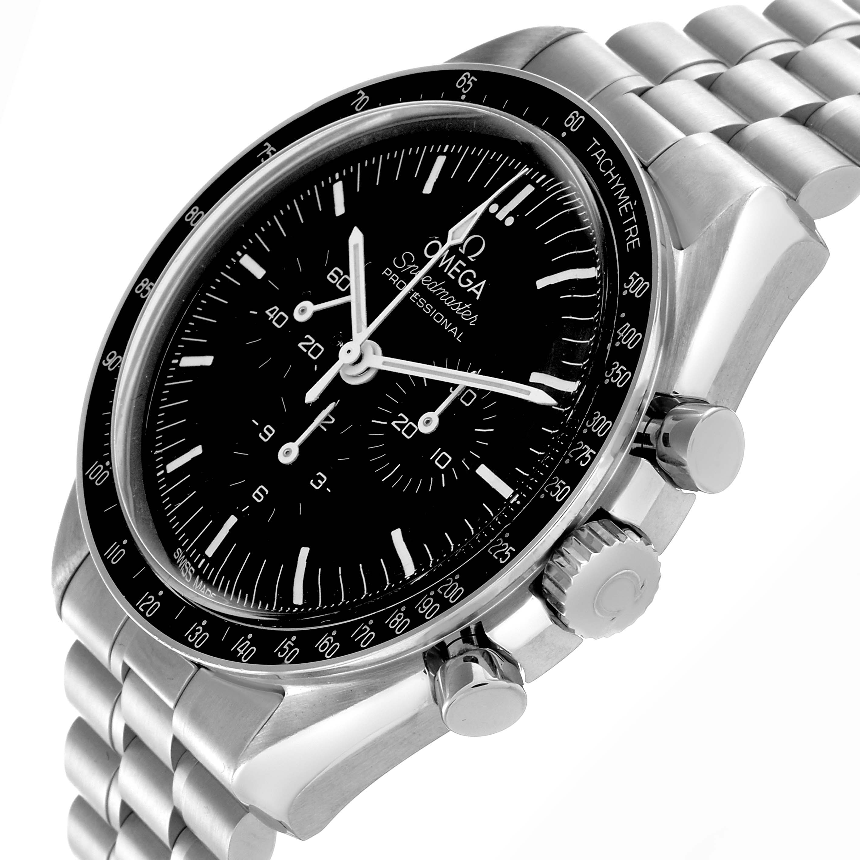 The Omega Speedmaster 310.30.42.50.01.001 Men
s Stainless Steel Black Dial 310.30.42.50.01.001 Men
s Stainless Steel Black Dial watch is shown at a three-quarter angle, highlighting the face, bezel, crown, and chronograph buttons.