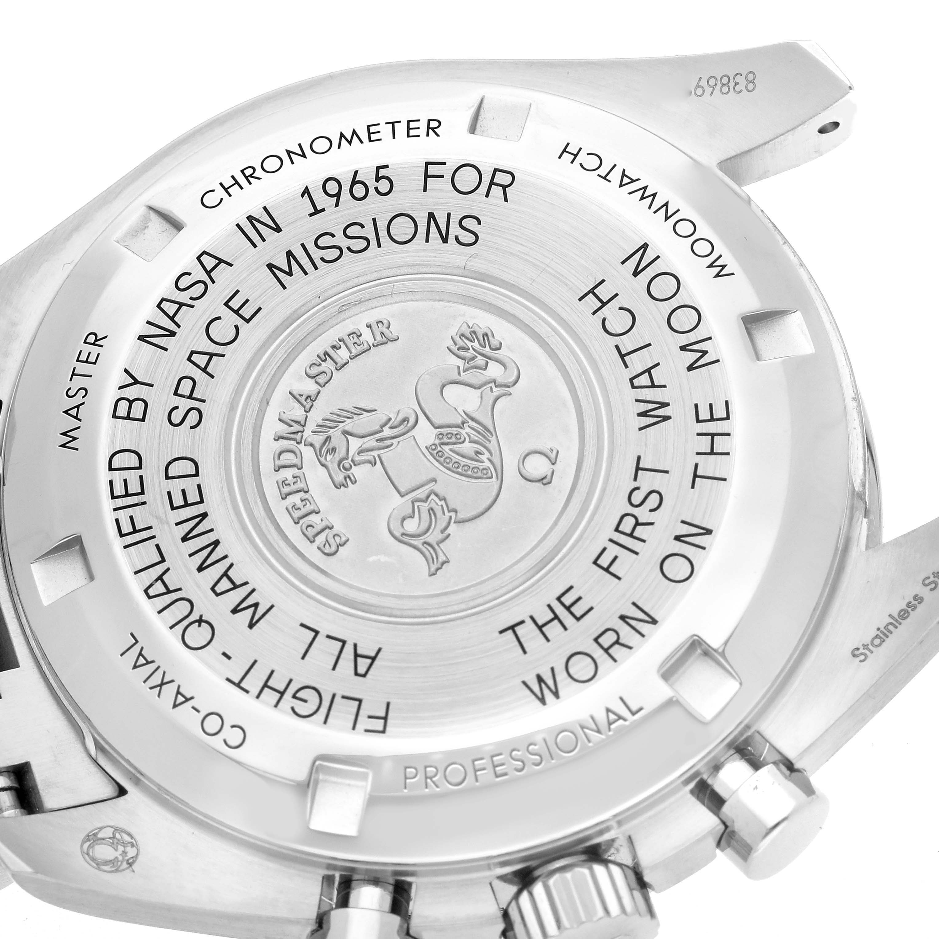 The image shows the case back of an Omega Speedmaster 310.30.42.50.01.001 Men
s Stainless Steel Black Dial 310.30.42.50.01.001 Men
s Stainless Steel Black Dial, highlighting engraved text and the seahorse emblem.