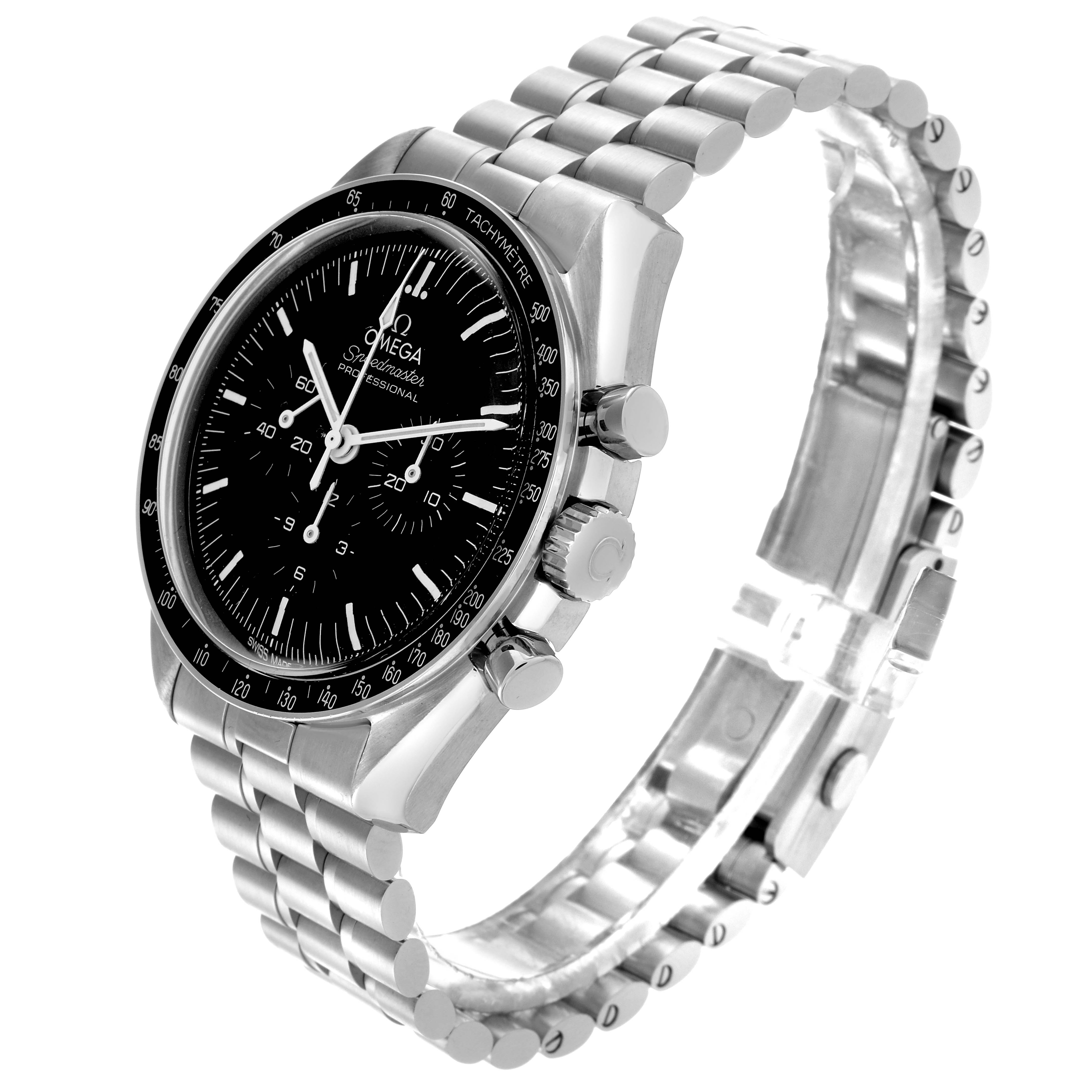 The Omega Speedmaster 310.30.42.50.01.001 Men
s Stainless Steel Black Dial 310.30.42.50.01.001 Men
s Stainless Steel Black Dial watch is displayed at a three-quarter angle, highlighting the face, bezel, case, crown, and metal bracelet.