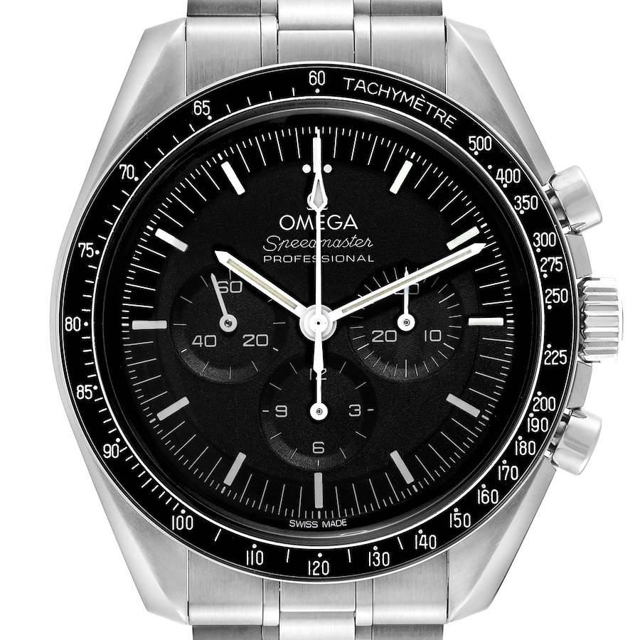 The Omega Speedmaster is shown from the front, highlighting the dial, bezel, and pushers.