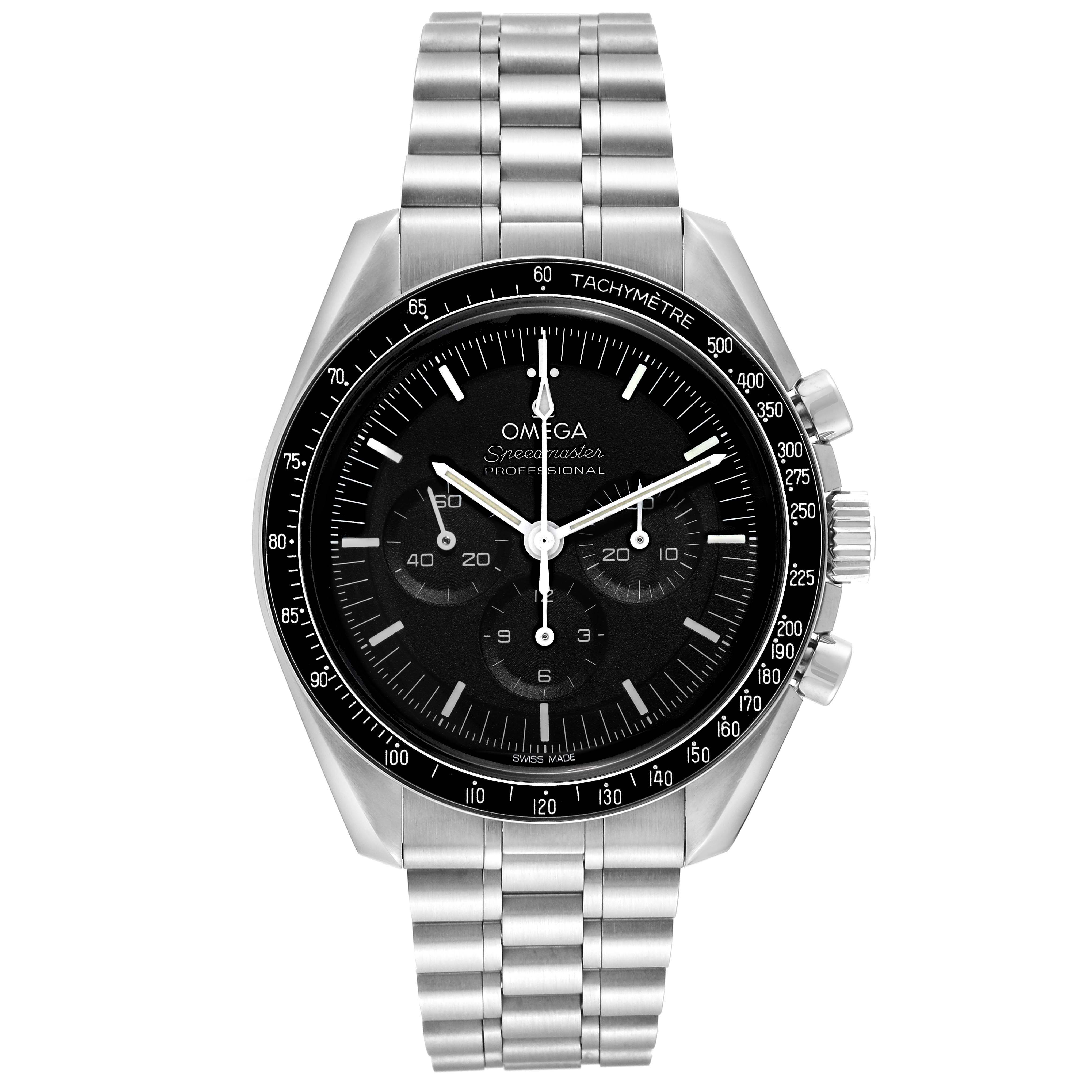 The Omega Speedmaster 310.30.42.50.01.001 Men
s Stainless Steel Black Dial 310.30.42.50.01.001 Men
s Stainless Steel Black Dial is shown from the front, highlighting the dial, bezel, and bracelet.