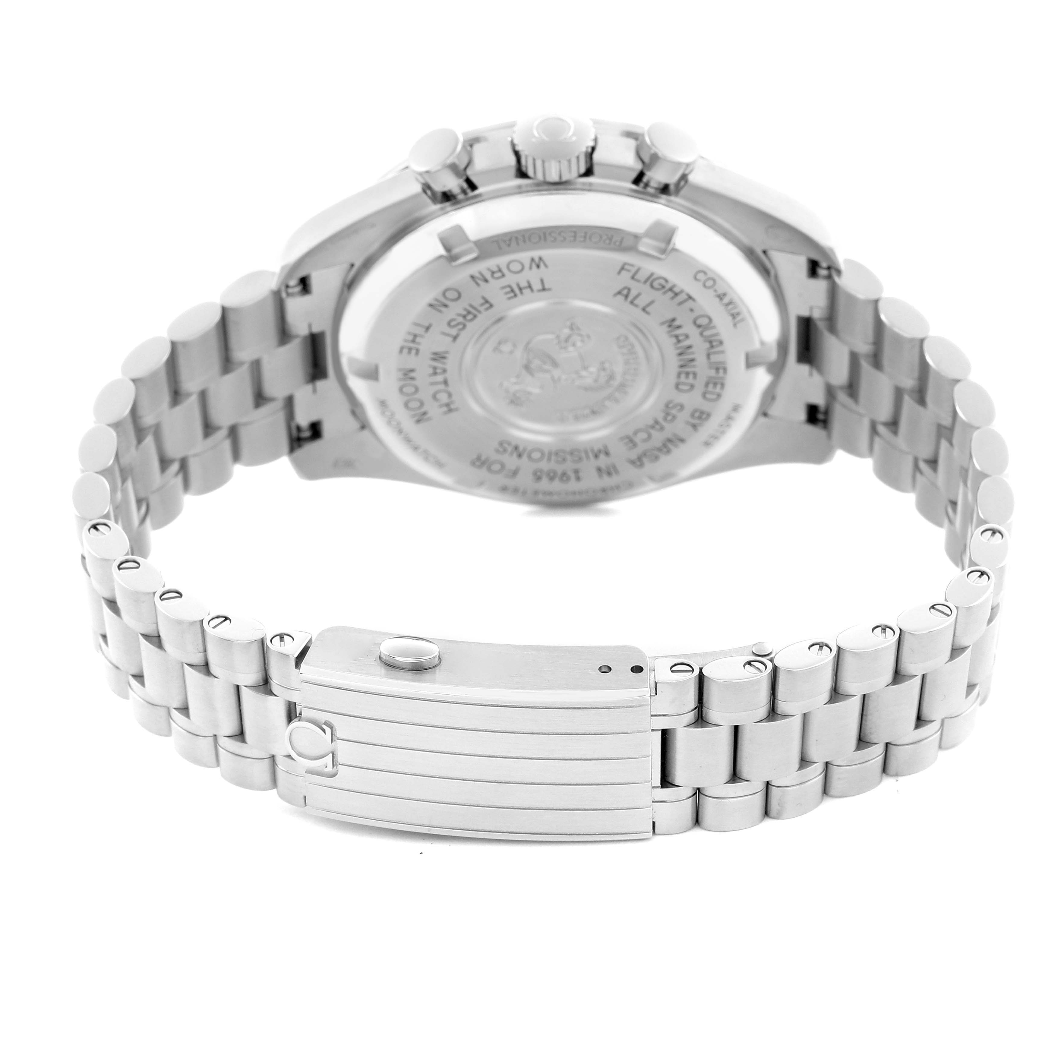 The Omega Speedmaster 310.30.42.50.01.001 Men
s Stainless Steel Black Dial 310.30.42.50.01.001 Men
s Stainless Steel Black Dial watch is shown from the back, displaying the case back, bracelet, and clasp.