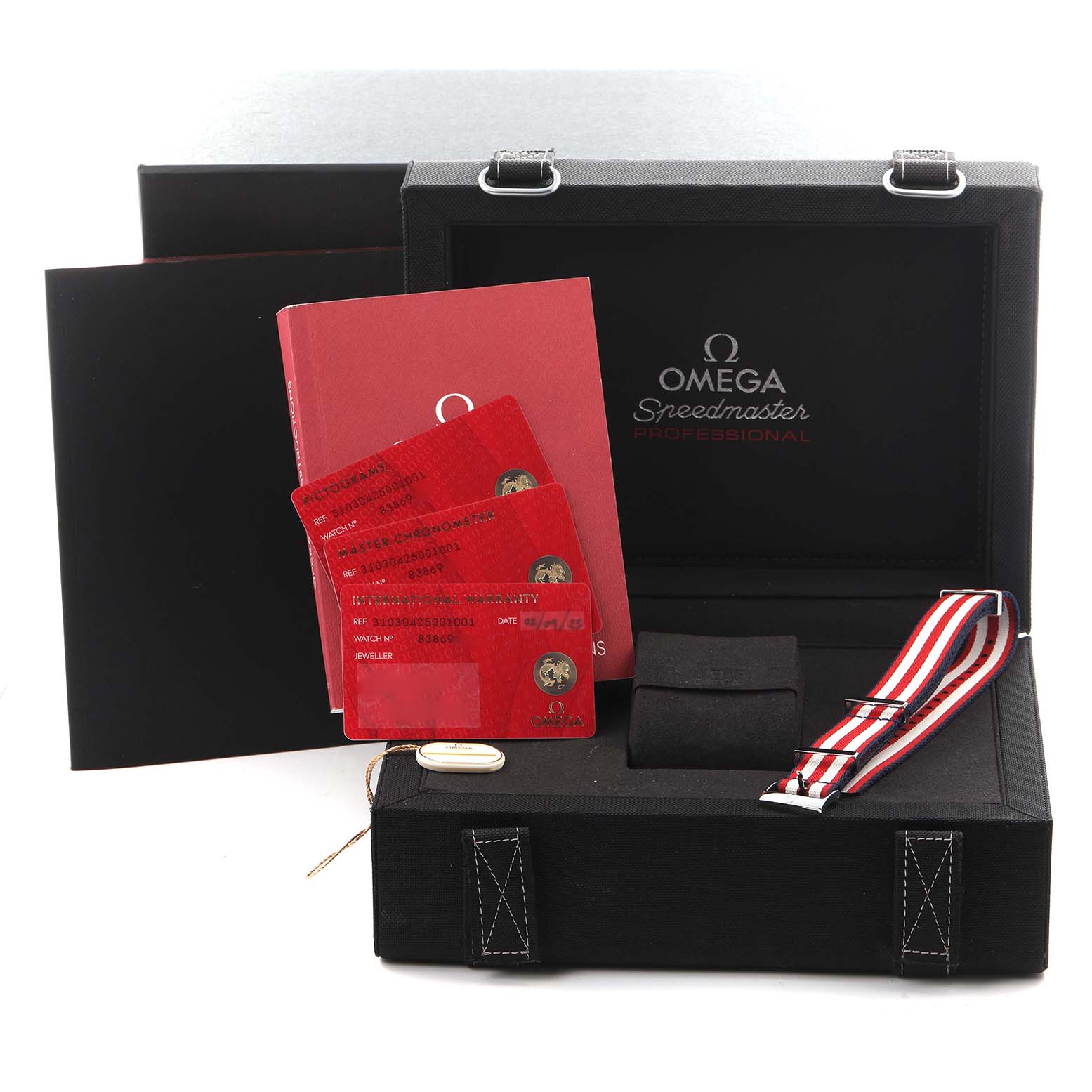The Omega Speedmaster 310.30.42.50.01.001 Men
s Stainless Steel Black Dial 310.30.42.50.01.001 Men
s Stainless Steel Black Dial set includes a box, warranty cards, a book, and a striped NATO strap, displayed from the front angle.