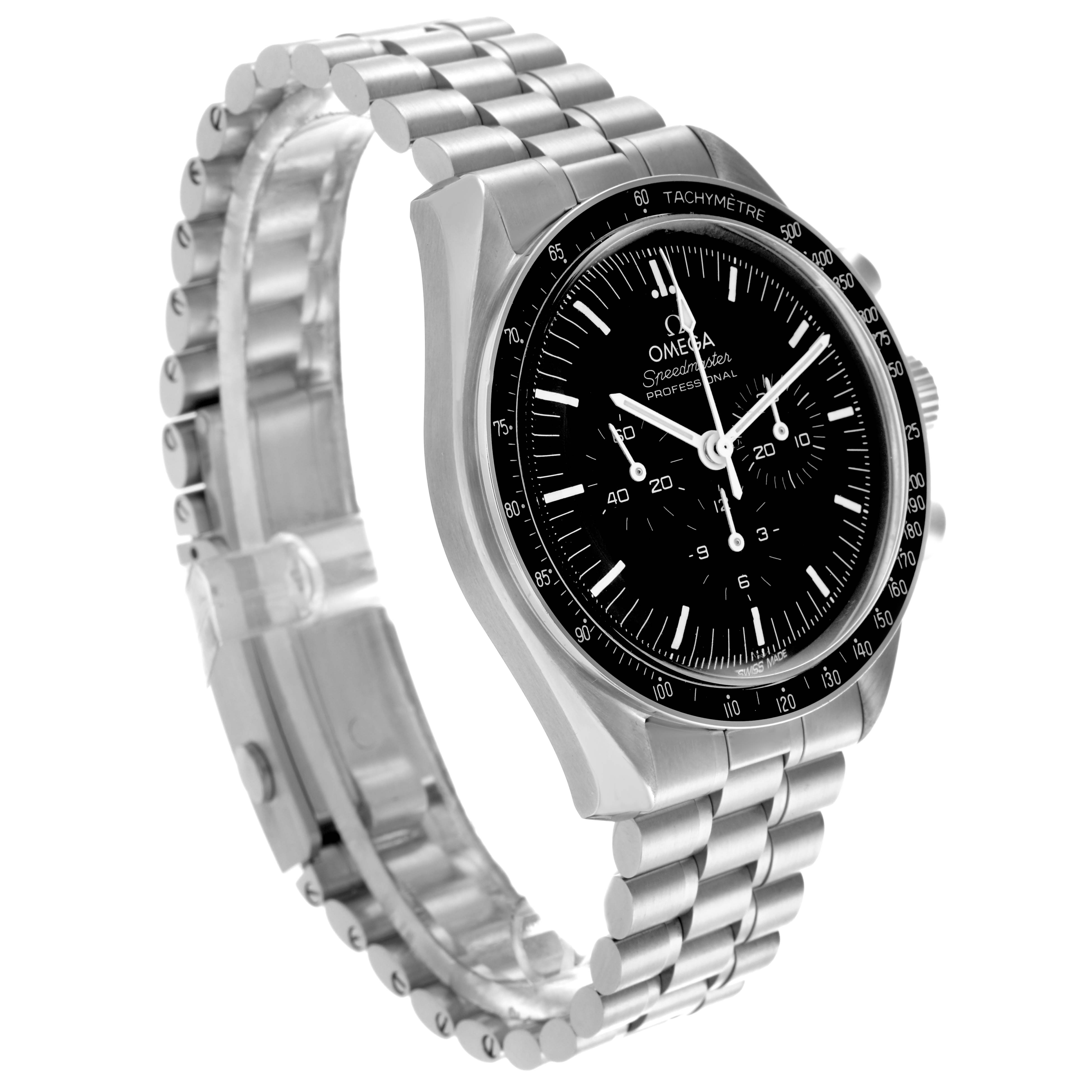 The Omega Speedmaster 310.30.42.50.01.001 Men
s Stainless Steel Black Dial 310.30.42.50.01.001 Men
s Stainless Steel Black Dial watch is shown at a slight angle, highlighting the face, bezel, and stainless steel bracelet.