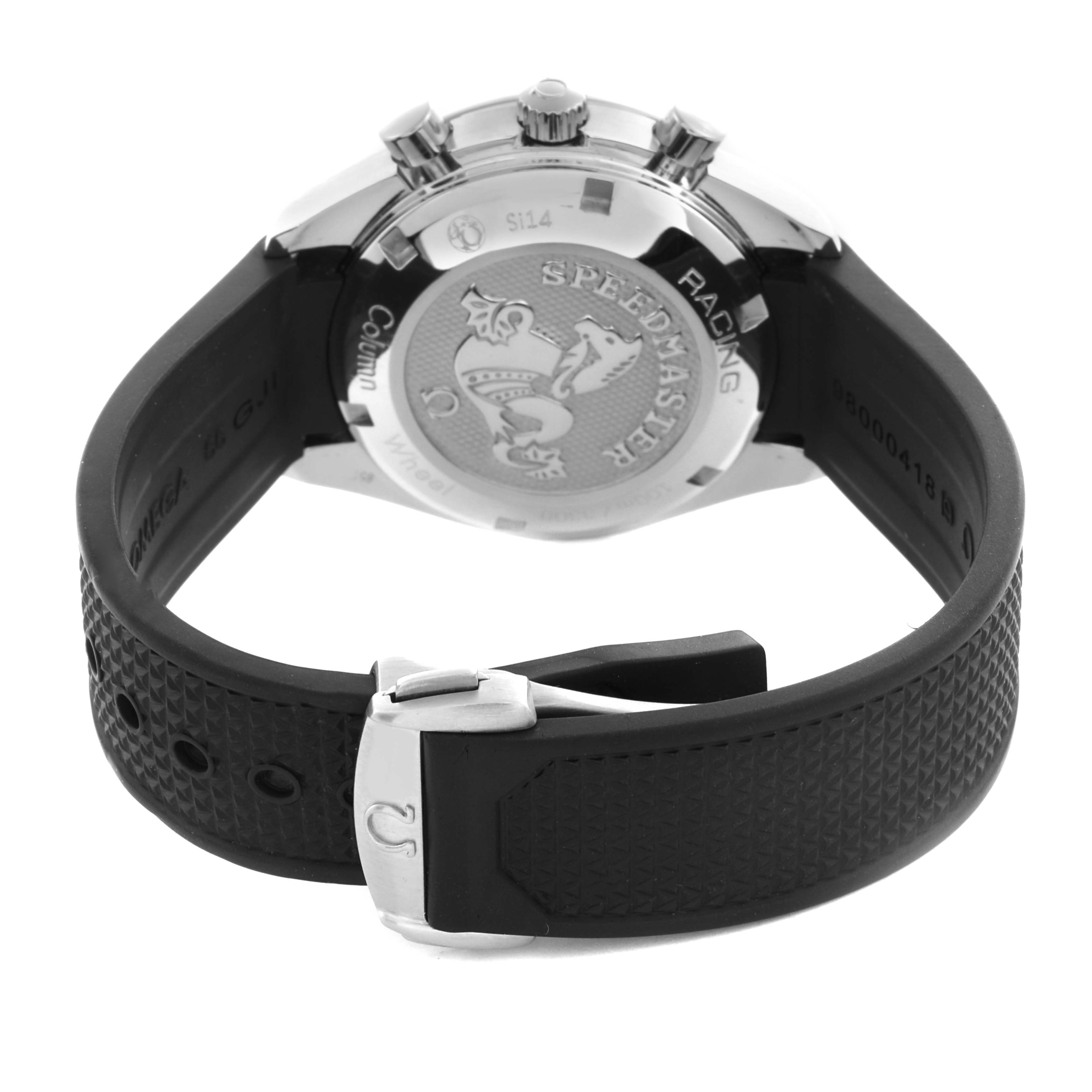 The Omega Speedmaster 326.32.40.50.11.001 Men's Stainless Steel Red Dial 326.32.40.50.11.001 Men's Stainless Steel Red Dial is shown from the back, highlighting the case back and rubber strap with a clasp.