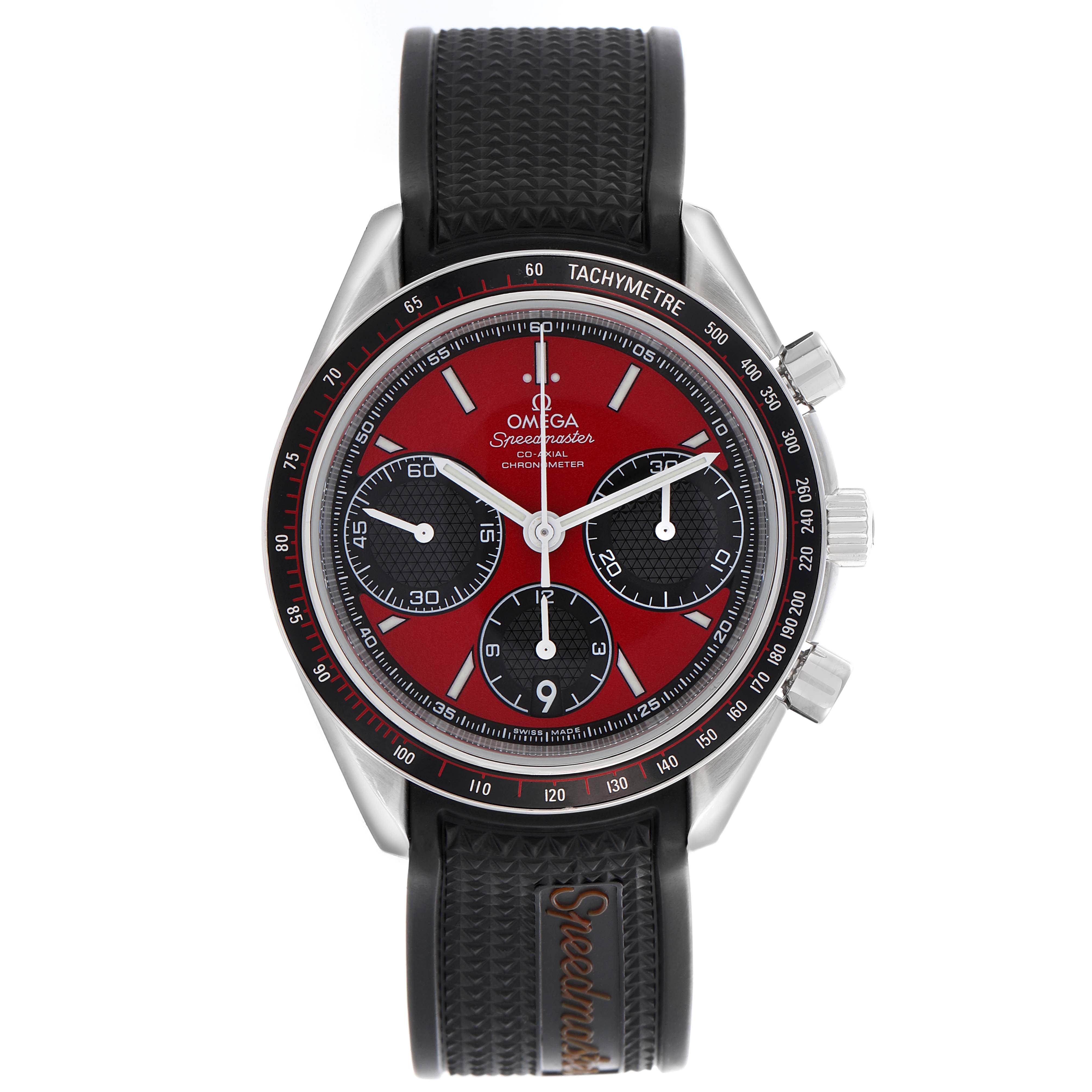 The image shows a front view of the Omega Speedmaster 326.32.40.50.11.001 Men's Stainless Steel Red Dial 326.32.40.50.11.001 Men's Stainless Steel Red Dial, highlighting its bezel, dial, subdials, and strap.