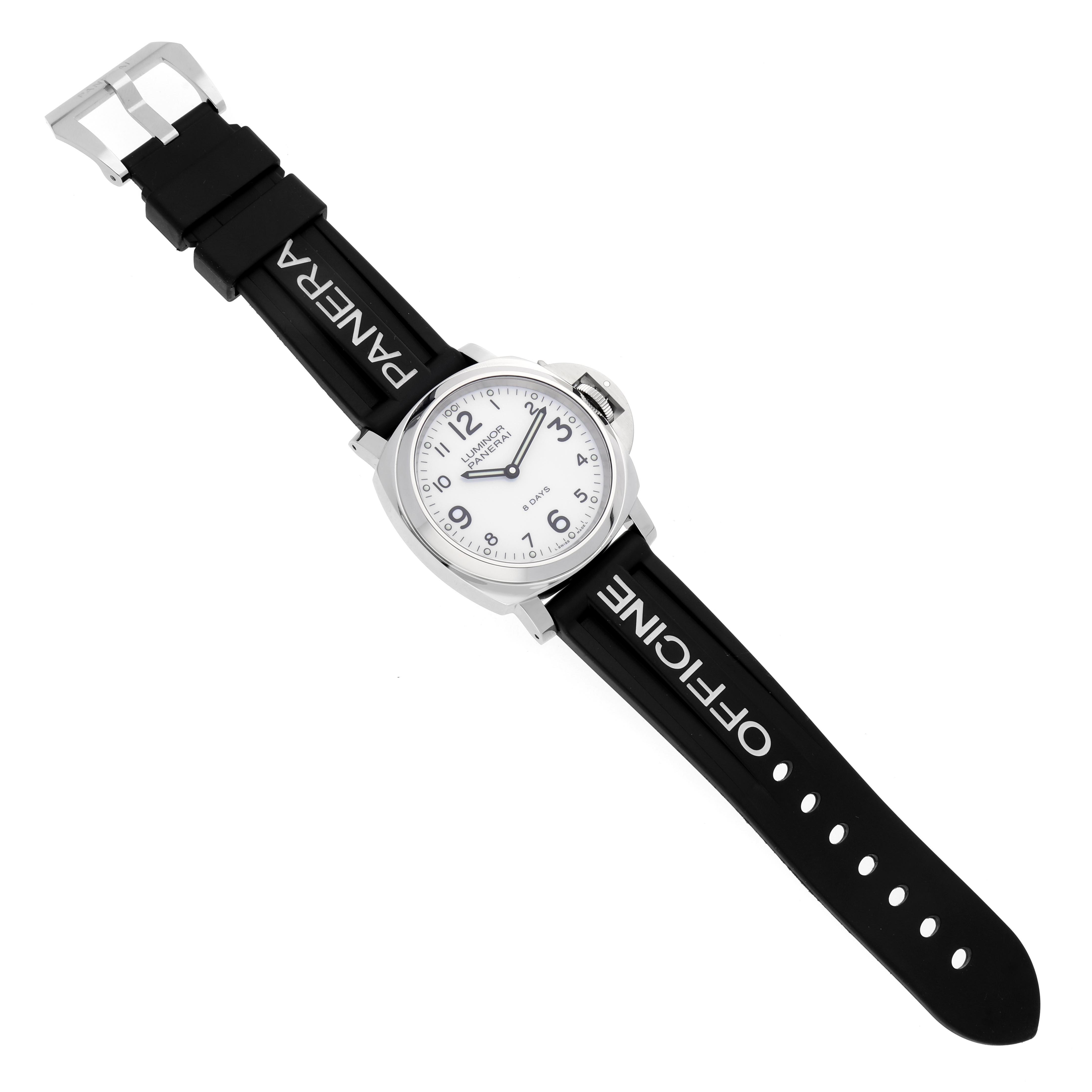 The Panerai Luminor PAM00561 Men
s Stainless Steel White Dial PAM00561 Men
s Stainless Steel White Dial watch is shown from the top, highlighting the face, case, and black strap with "Panerai" branding.