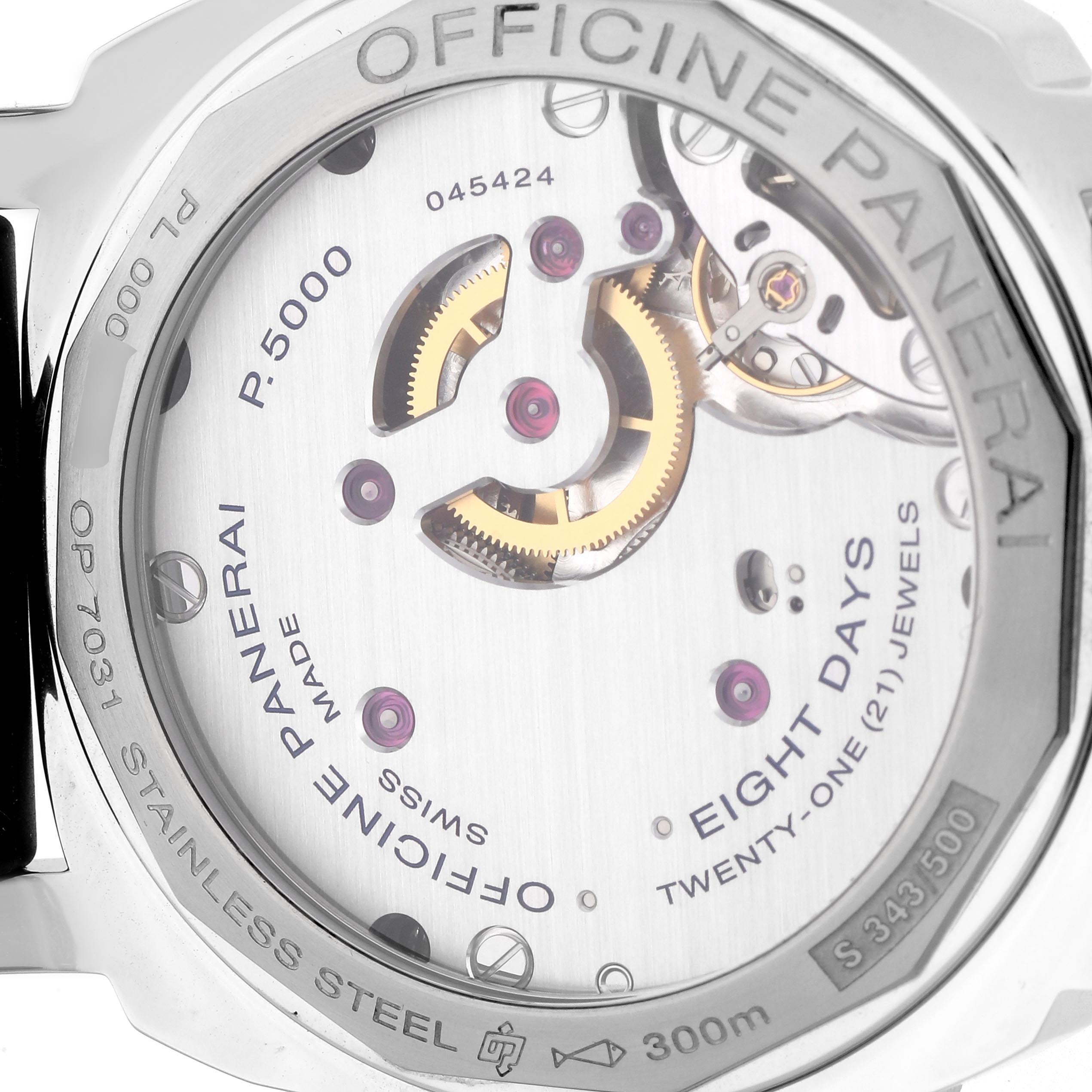 The image shows the back of a Panerai Luminor PAM00561 Men
s Stainless Steel White Dial PAM00561 Men
s Stainless Steel White Dial watch, displaying the P.5000 movement through a transparent case back.