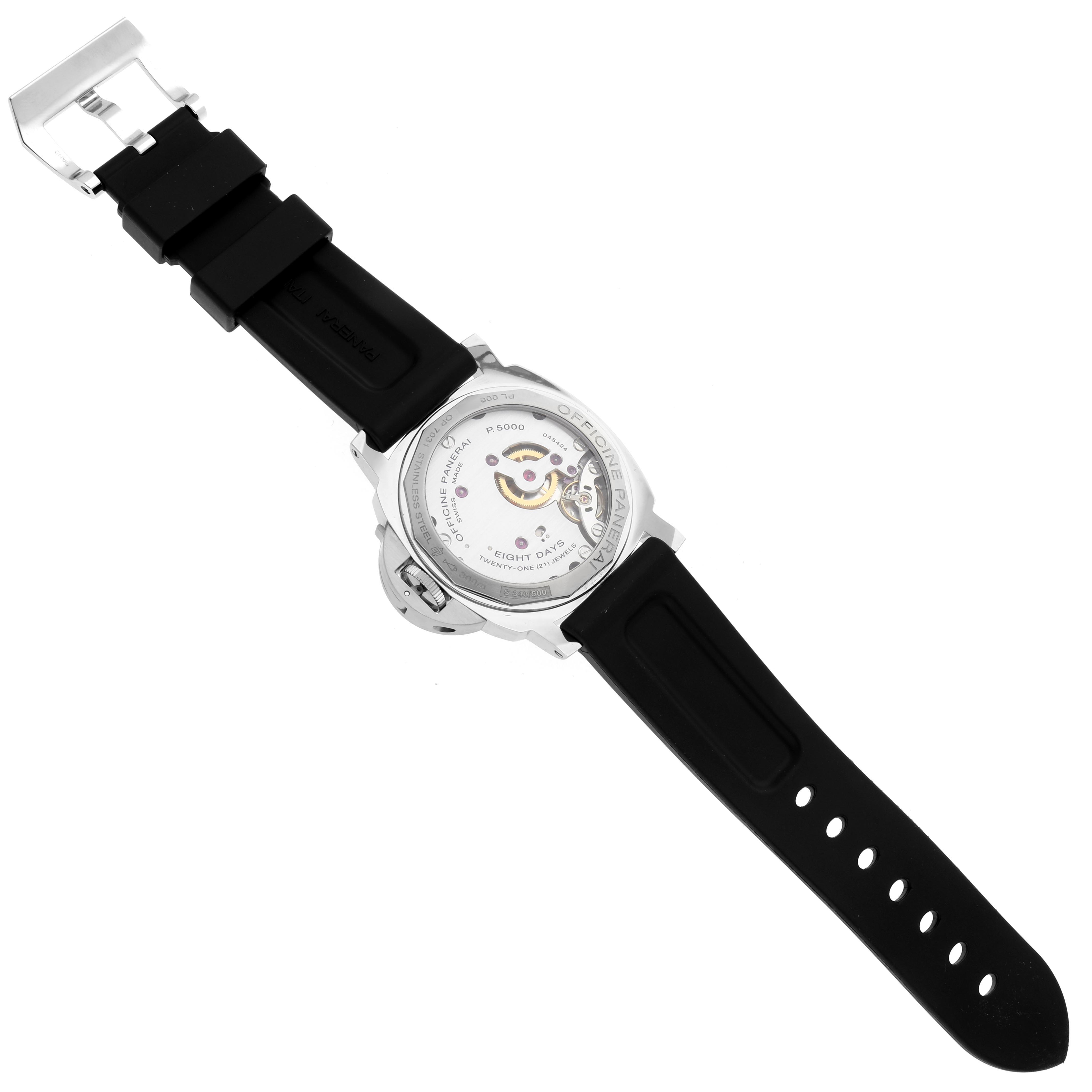 The image shows the back view of a Panerai Luminor PAM00561 Men
s Stainless Steel White Dial PAM00561 Men
s Stainless Steel White Dial watch, highlighting its transparent case back and black strap.