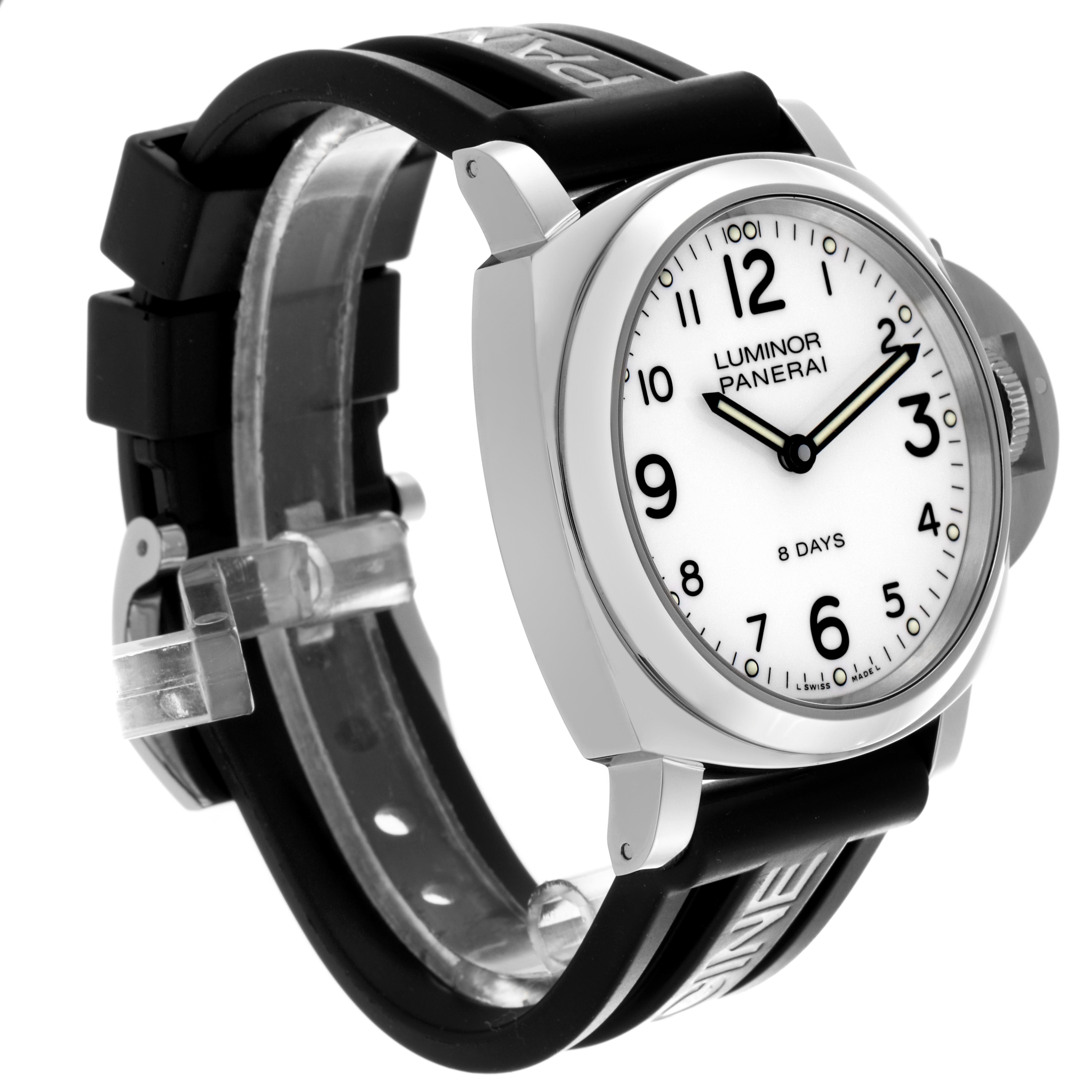 The Panerai Luminor PAM00561 Men
s Stainless Steel White Dial PAM00561 Men
s Stainless Steel White Dial watch is shown at a three-quarter angle, highlighting the face, bezel, and strap.