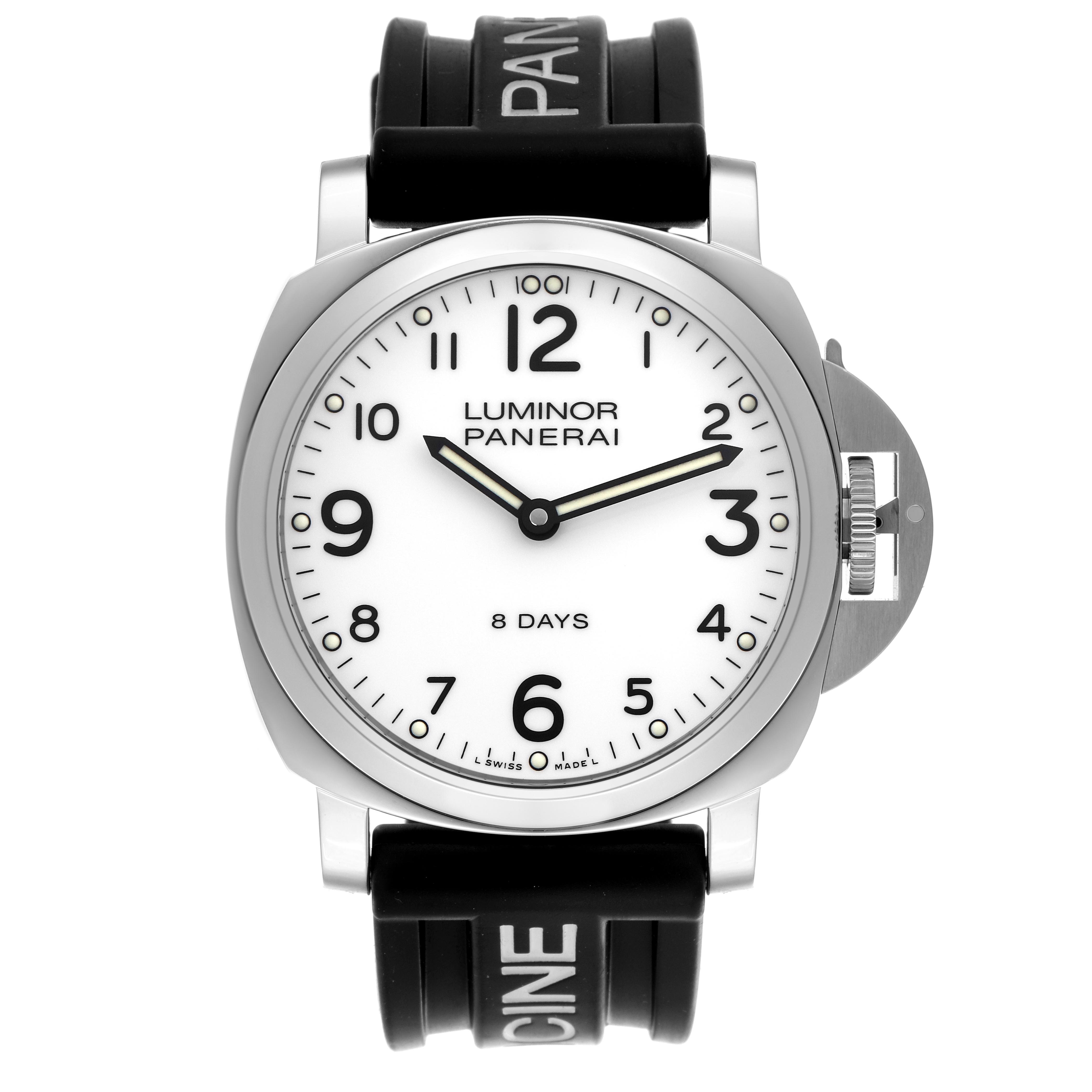 The image shows a front view of the Panerai Luminor PAM00561 Men
s Stainless Steel White Dial PAM00561 Men
s Stainless Steel White Dial watch, highlighting its dial, case, and crown protector.