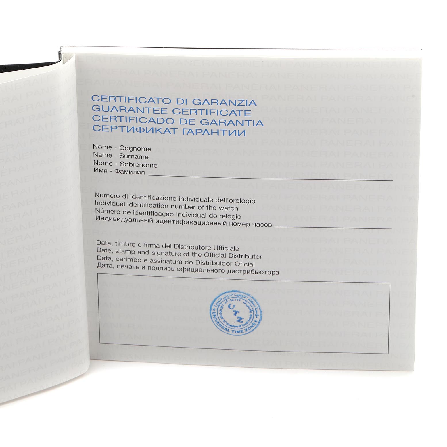 The image shows the guarantee certificate for the Luminor model by Panerai, with multilingual text and a stamp visible.