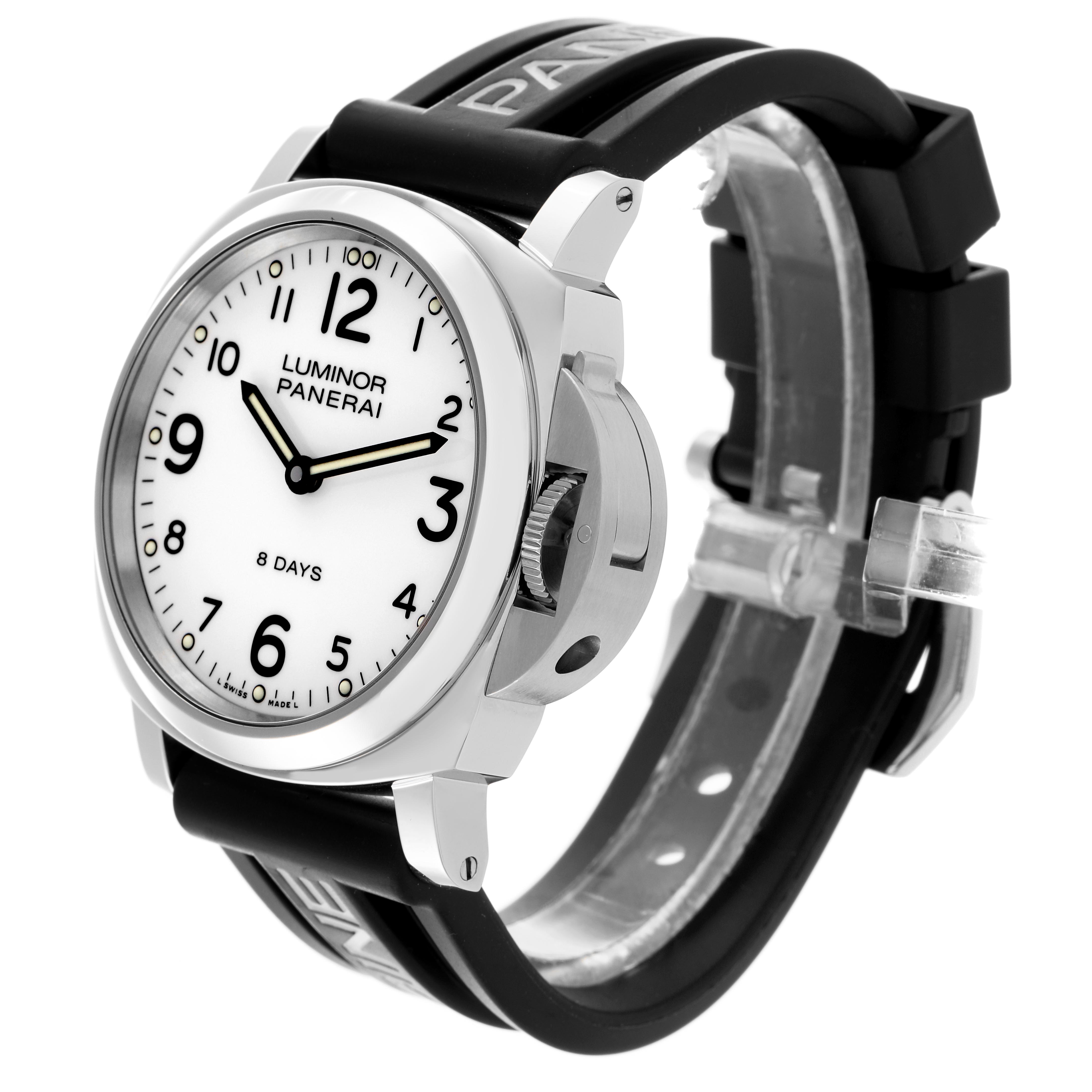 The Panerai Luminor PAM00561 Men
s Stainless Steel White Dial PAM00561 Men
s Stainless Steel White Dial watch is shown at a three-quarter angle, highlighting the face, case, and crown guard, with a black strap.