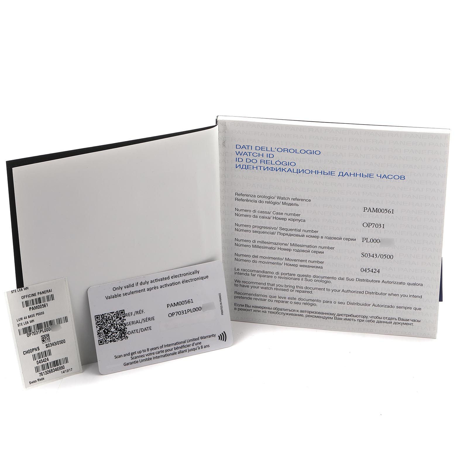 The image shows the warranty and information card for a Panerai Luminor PAM00561 Men
s Stainless Steel White Dial PAM00561 Men
s Stainless Steel White Dial watch from a front angle.