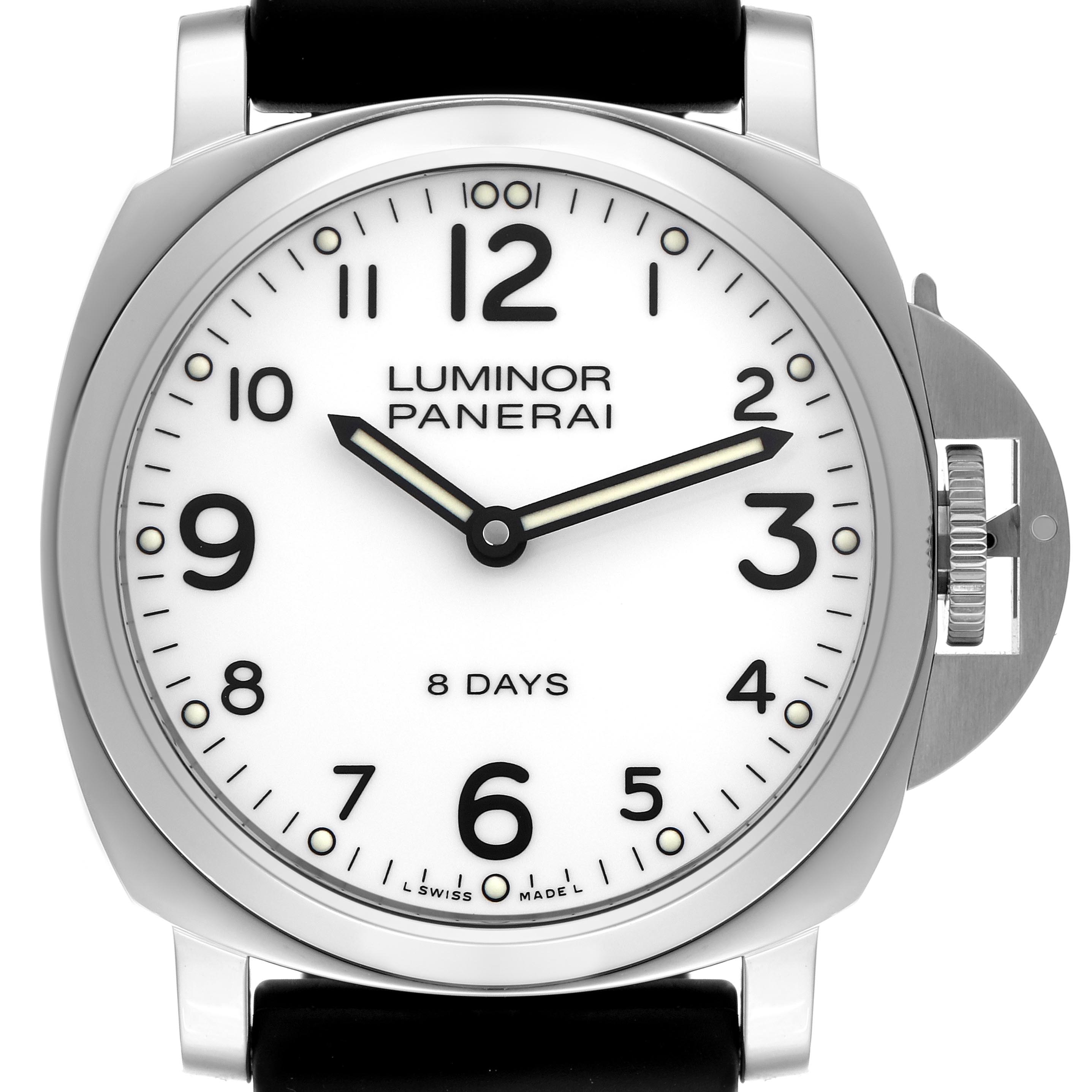 The Panerai Luminor PAM00561 Men
s Stainless Steel White Dial PAM00561 Men
s Stainless Steel White Dial watch is shown from a front angle, highlighting the dial, numerals, hands, and crown guard.