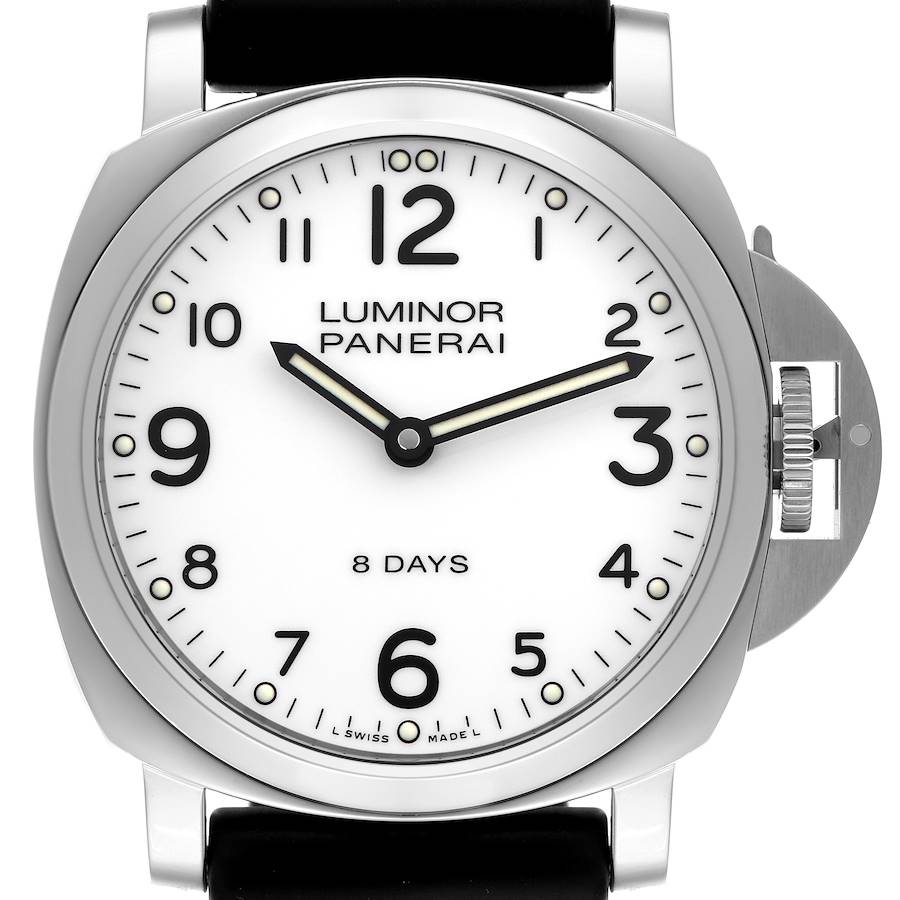 The Panerai Luminor watch is shown from a front angle, highlighting the dial, numerals, hands, and crown guard.