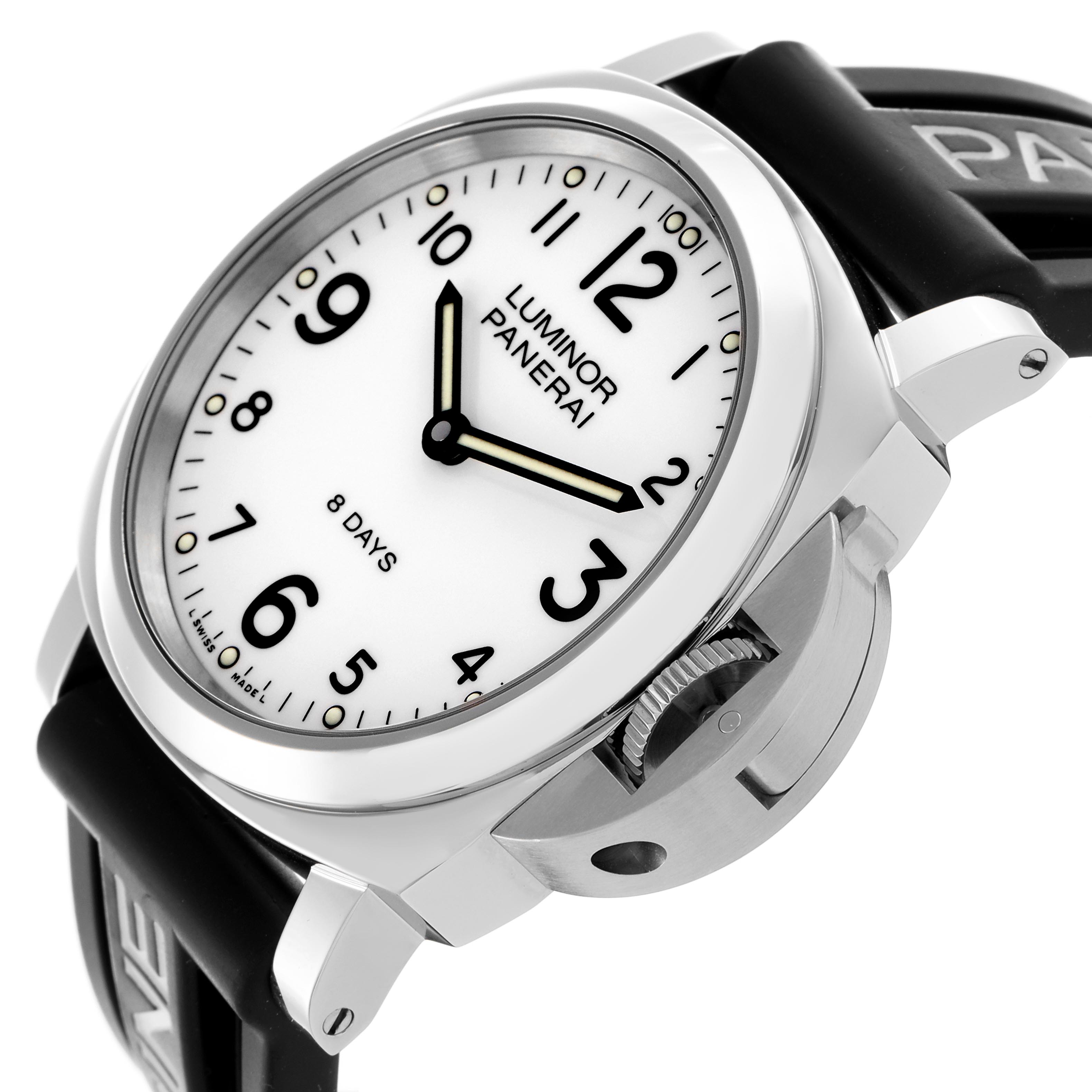 The image shows a Panerai Luminor PAM00561 Men
s Stainless Steel White Dial PAM00561 Men
s Stainless Steel White Dial watch at an angled side view, highlighting the dial, case, and crown guard.