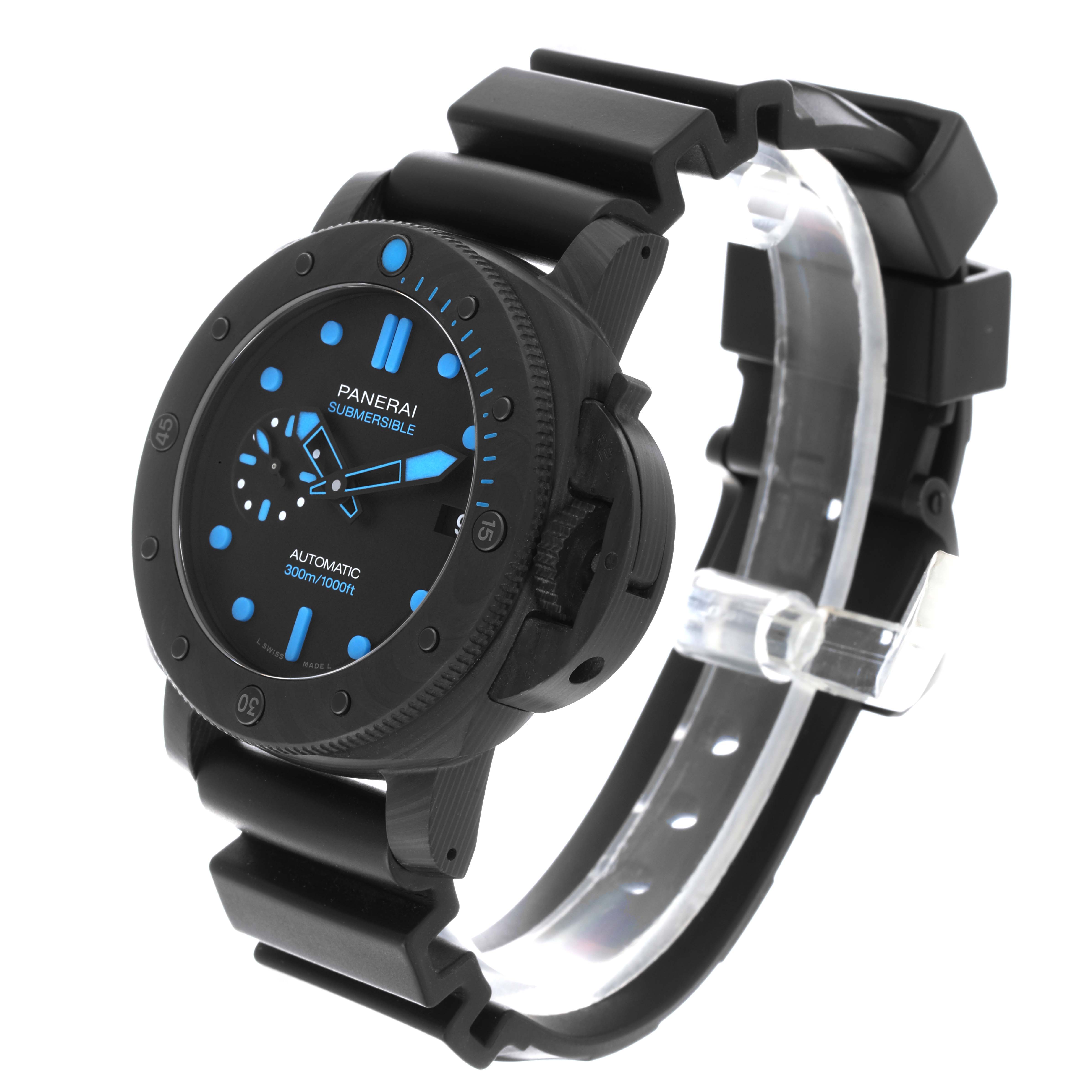 The Panerai Submersible PAM00960 Men
s Titanium Black Dial PAM00960 Men
s Titanium Black Dial is shown at a three-quarter angle, highlighting the bezel, dial, and rubber strap.