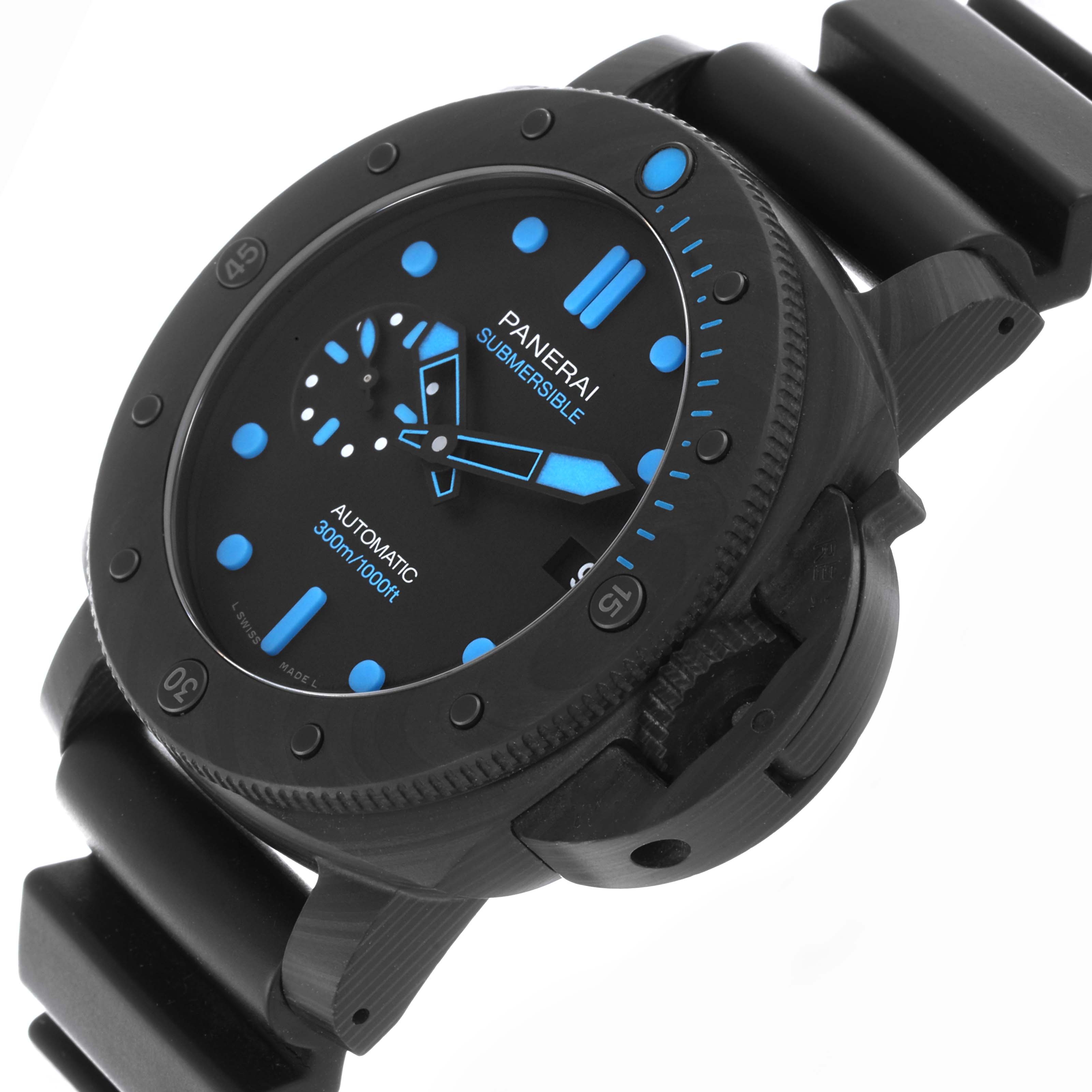 The Panerai Submersible PAM00960 Men
s Titanium Black Dial PAM00960 Men
s Titanium Black Dial watch is shown at a slight angle, highlighting the bezel, face, and part of the strap.
