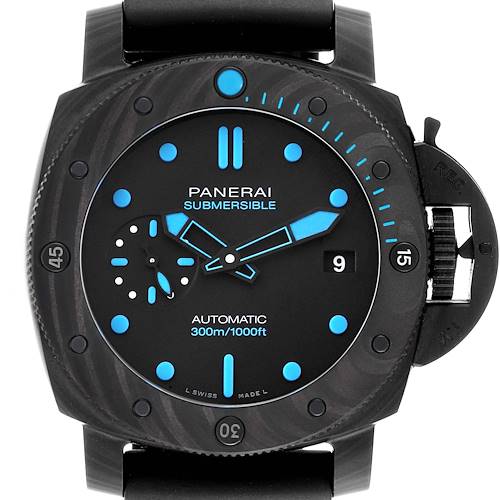 The Panerai Submersible watch is shown from the front, highlighting its bezel, dial, and distinctive crown guard.
