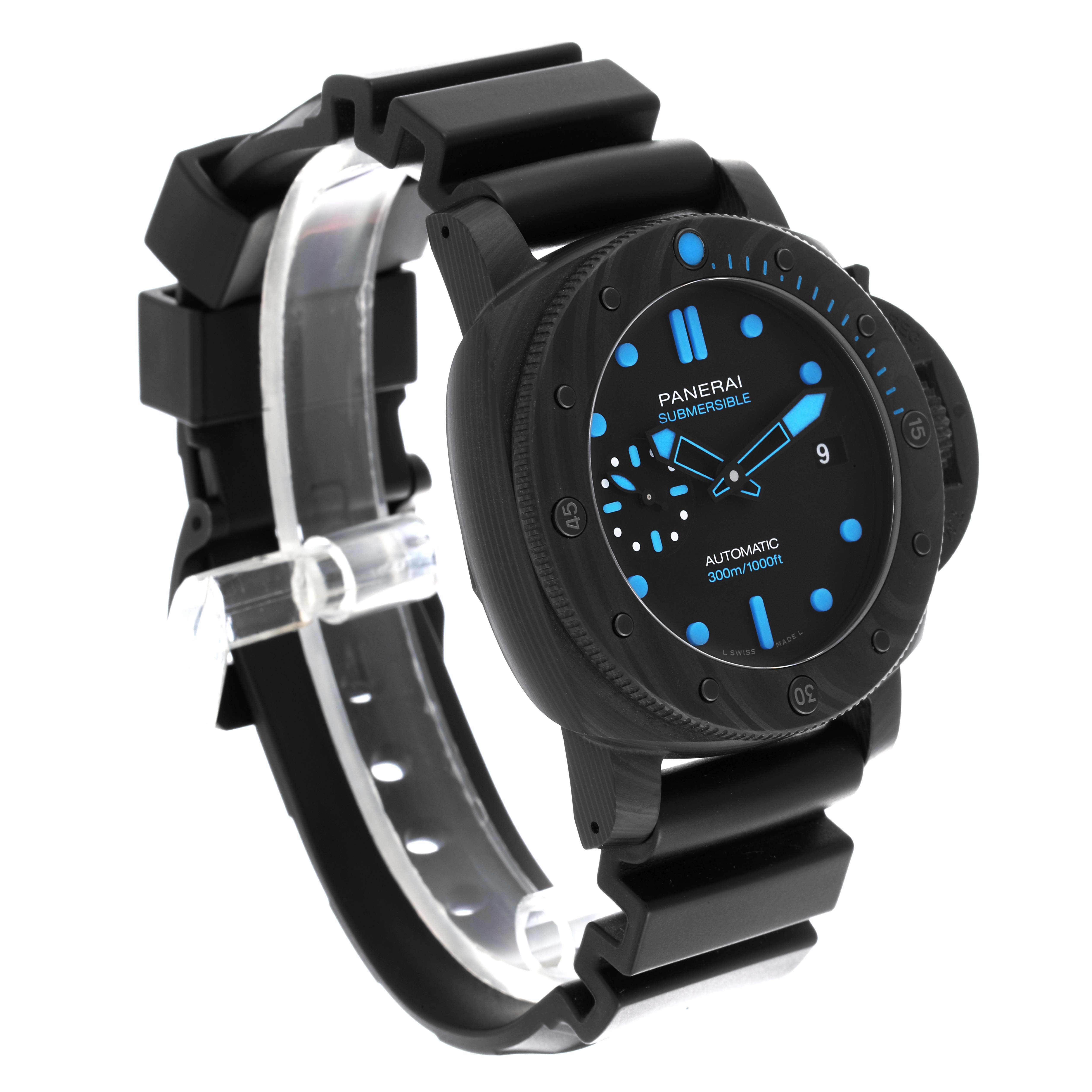 The Panerai Submersible PAM00960 Men
s Titanium Black Dial PAM00960 Men
s Titanium Black Dial watch is shown from a front-left angle, highlighting the dial, bezel, and black strap.