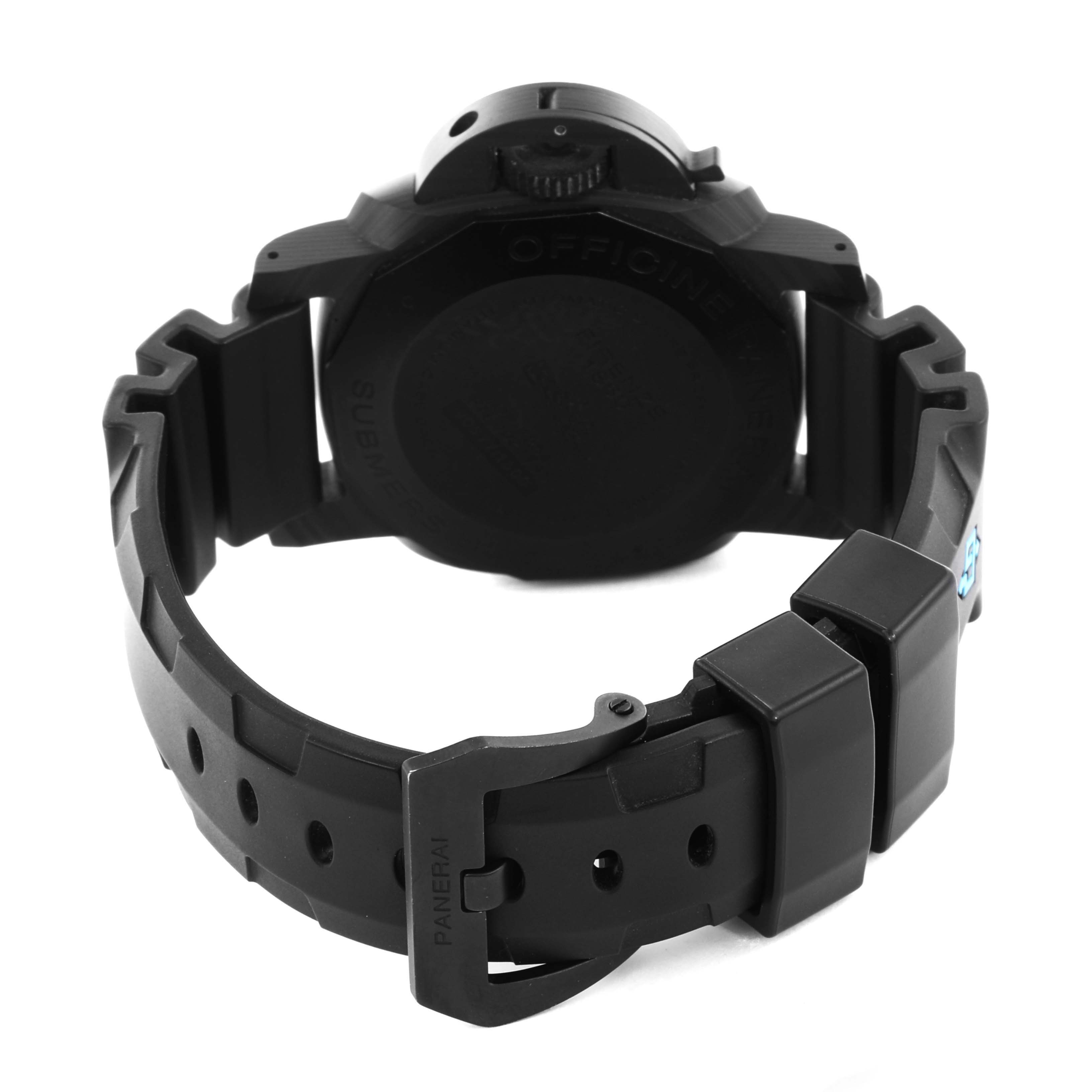 The image shows the back view of the Panerai Submersible PAM00960 Men
s Titanium Black Dial PAM00960 Men
s Titanium Black Dial watch, displaying the case back and rubber strap with buckle.