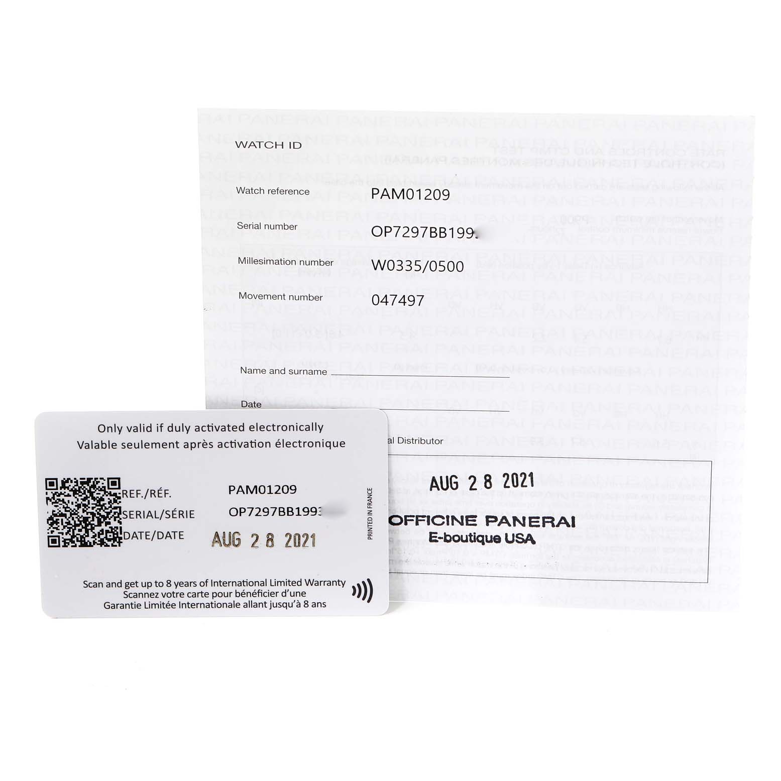 The image shows the warranty card and paperwork for the Panerai Submersible PAM01209 Men's Stainless Steel Black Dial PAM01209 Men's Stainless Steel Black Dial model PAM01209.